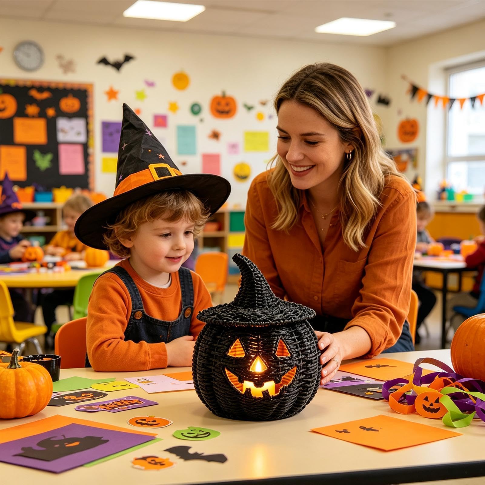 Czarny pleciony kosz dyniowy Halloweenowy pojemnik ze świeczką LED | Czarne pojemniki na słodycze Do Salonu W Farmhouse, Na Kominek, Stół, Werandę I Imprezy Świąteczne