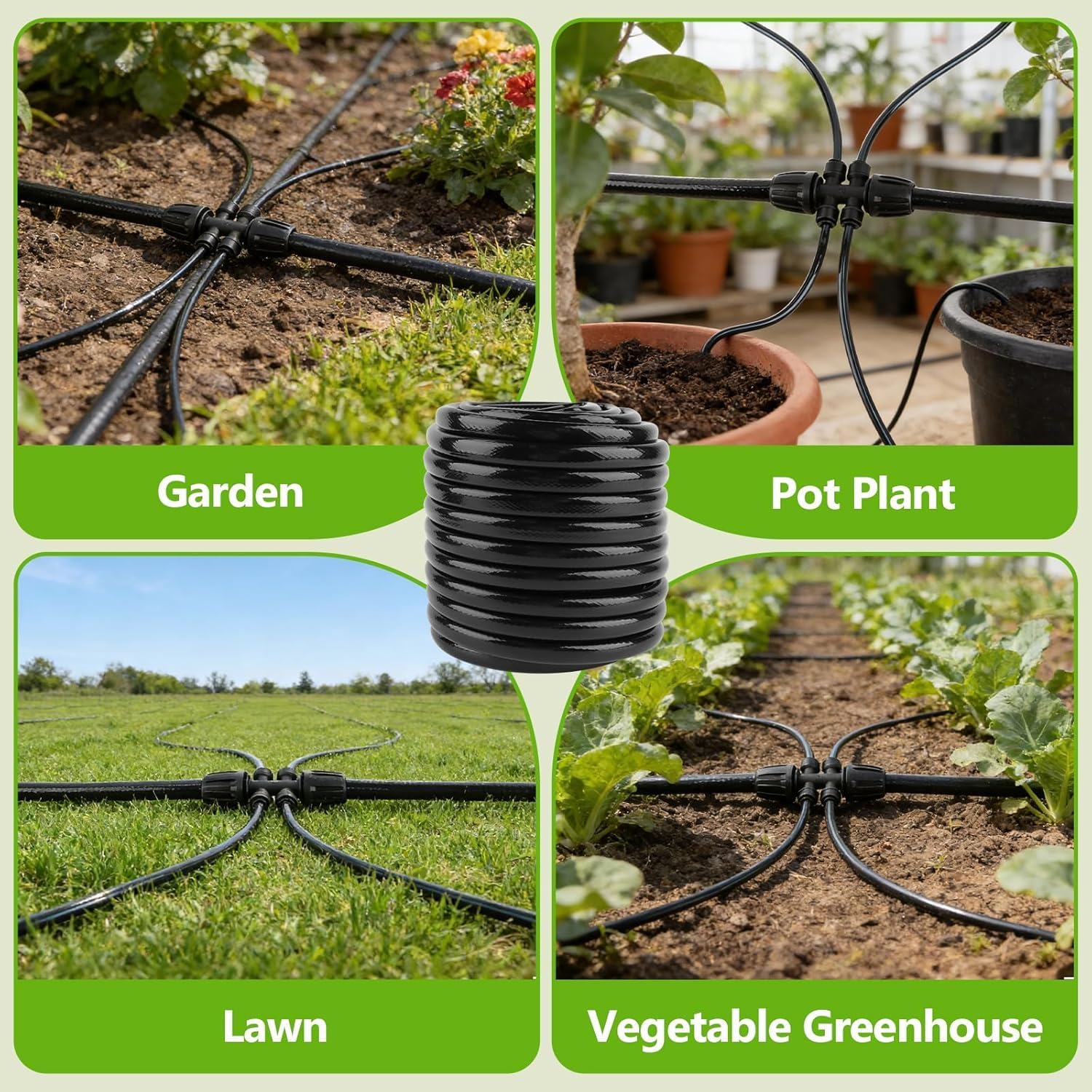 Kit de Tubo de Goteo 15m 1/2", Manguera de Riego para Sistema de Riego de Jardín, Tubo Distribuidor PVC Negro (Incluye Conector de 6 Vías, Tapones de Extremo 1/2" y 1/4")