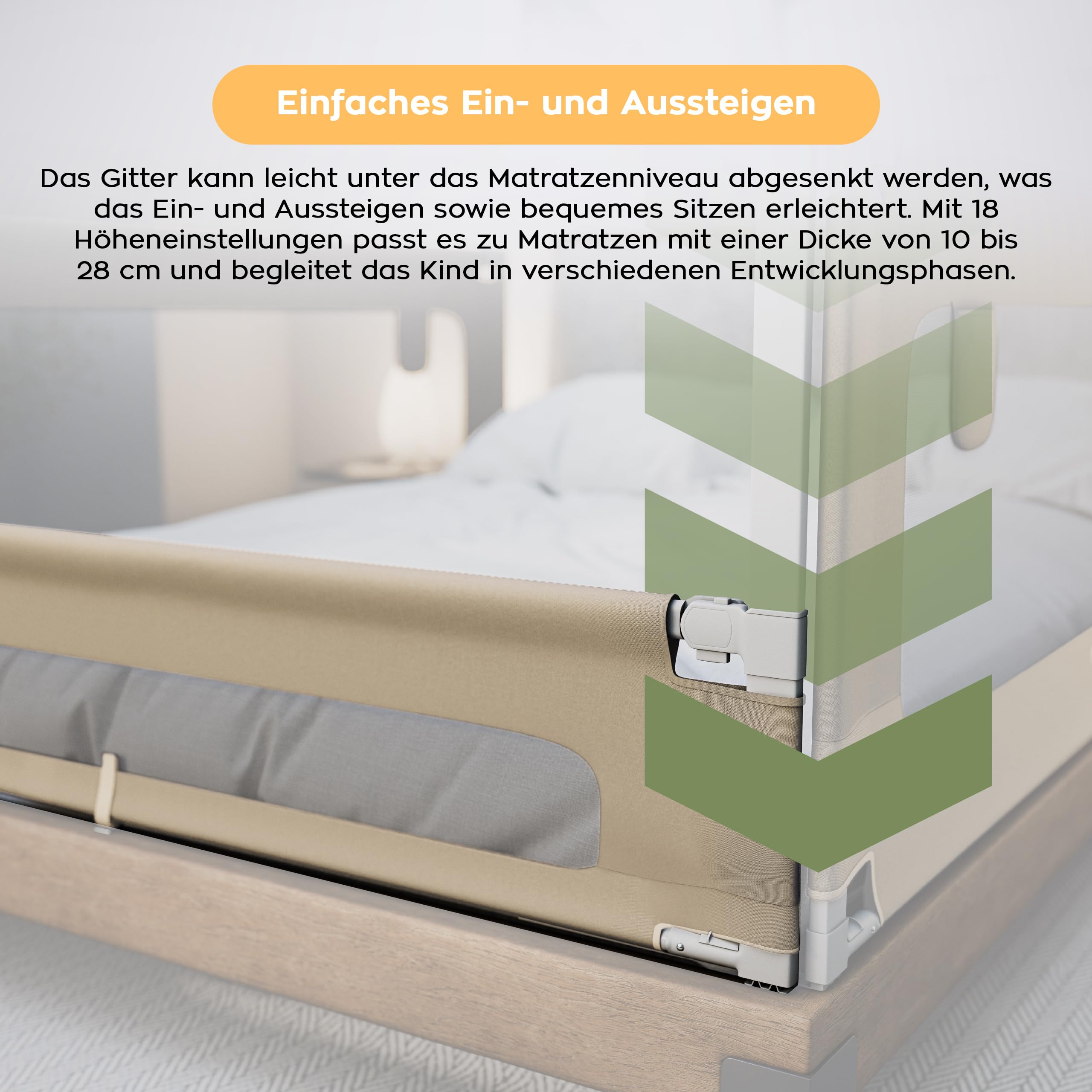 TULANO Cover 48 Bettgitter Kinderbett - Sicherheitsgitter Absenkfunktion | 18-Fach höhenverstellbar - Bettschutzgitter 180 cm - Rausfallschutz für Standardbetten - Für Matratzen 10–28 cm - Beige