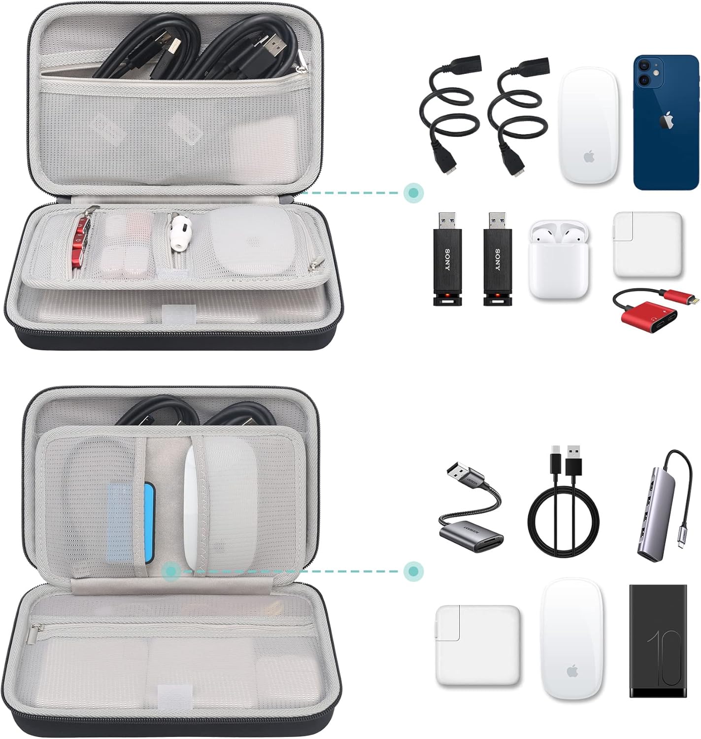 Elonbo Hard Travel Cords Organizer Universal Small Electronic Accessories Carrying Case for Chargers Cables MacBook Adapter Magic Mouse Apple Pencil Flash Disk Tech Portable Storage Bag, Black+Grey : Clothing, Shoes & Jewelry