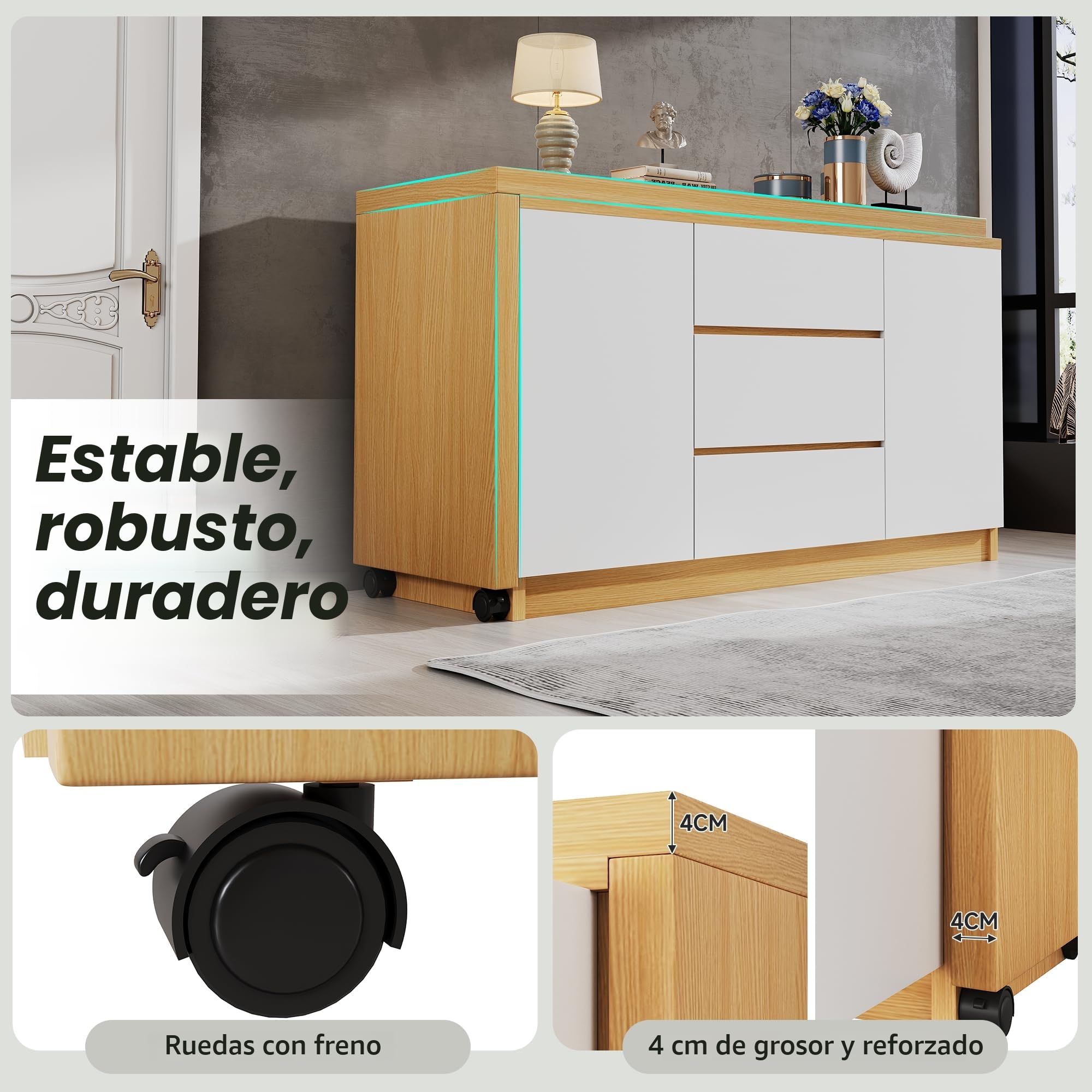 Escritorio con ruedas con bloqueo, diseño multifuncional, 4 cm de grosor, mesa giratoria con bloqueo fijo, blanco/roble, plegable, escritorio esquinero, aparador, material grueso