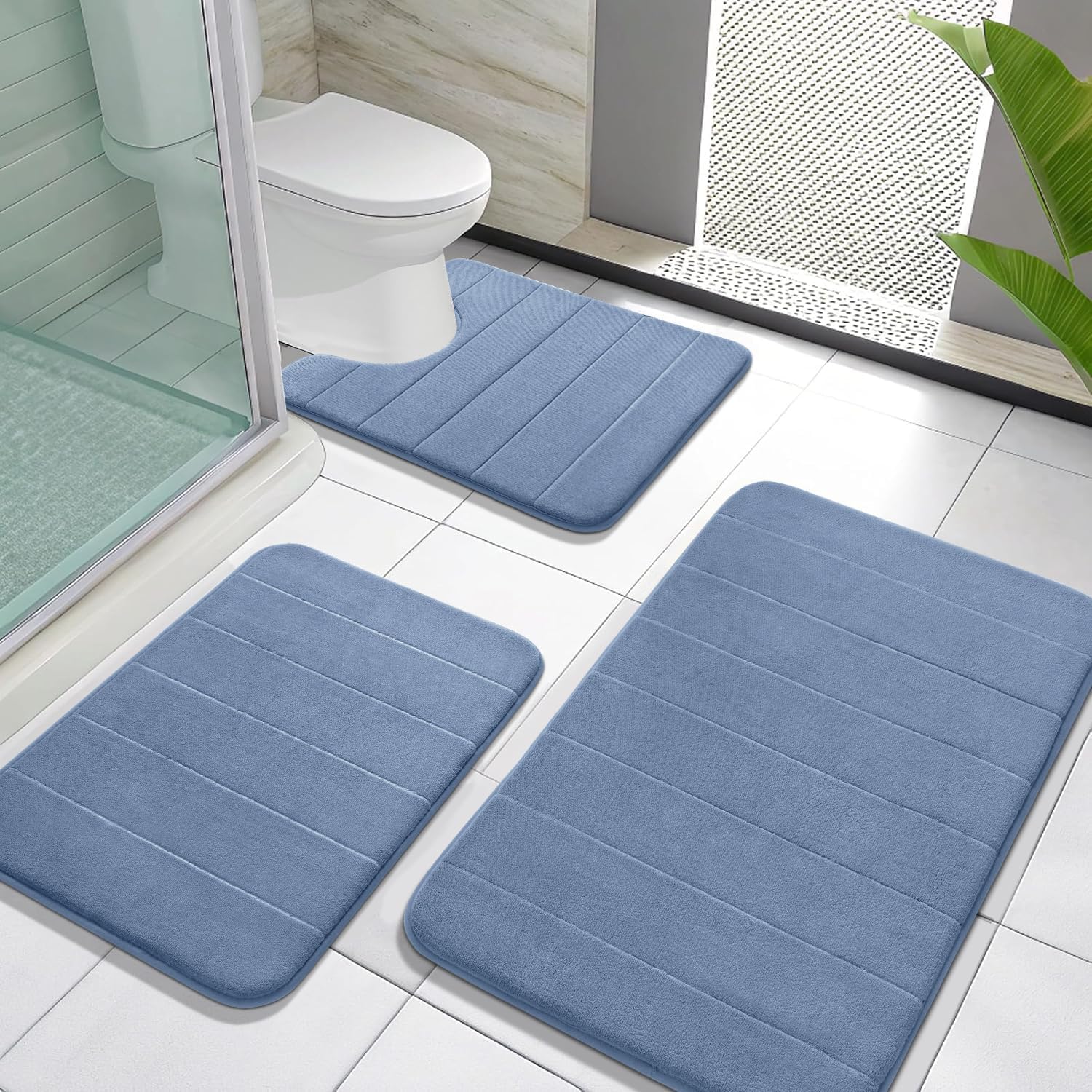 Yimobra Memory Foam Bath Mat Set 3 Pieces- Super Soft Absorbent Quick Dry Bathroom Rug Sets, Machine Washable Non Slip Floor Carpet for Tub Shower,