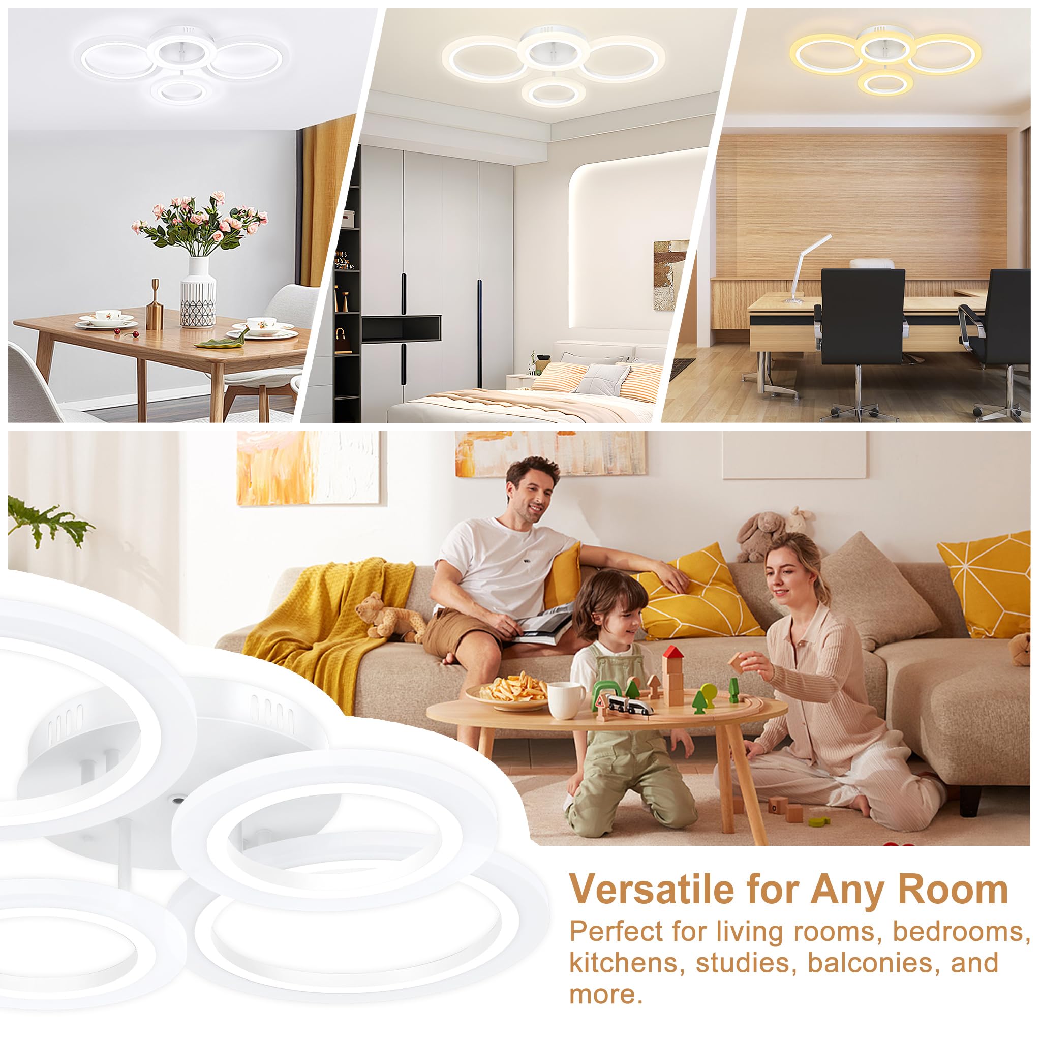 SUBTLETY 60W Dimmbar Deckenleuchte LED Deckenlampe mit Fernbedienung IP44 Wasserdichte Badlampe Modern Kreisverkehr Schlicht Lampe für Büro Wohnzimmer Schlafzimmer Flur Keller Küchen (2+2 Ringe)