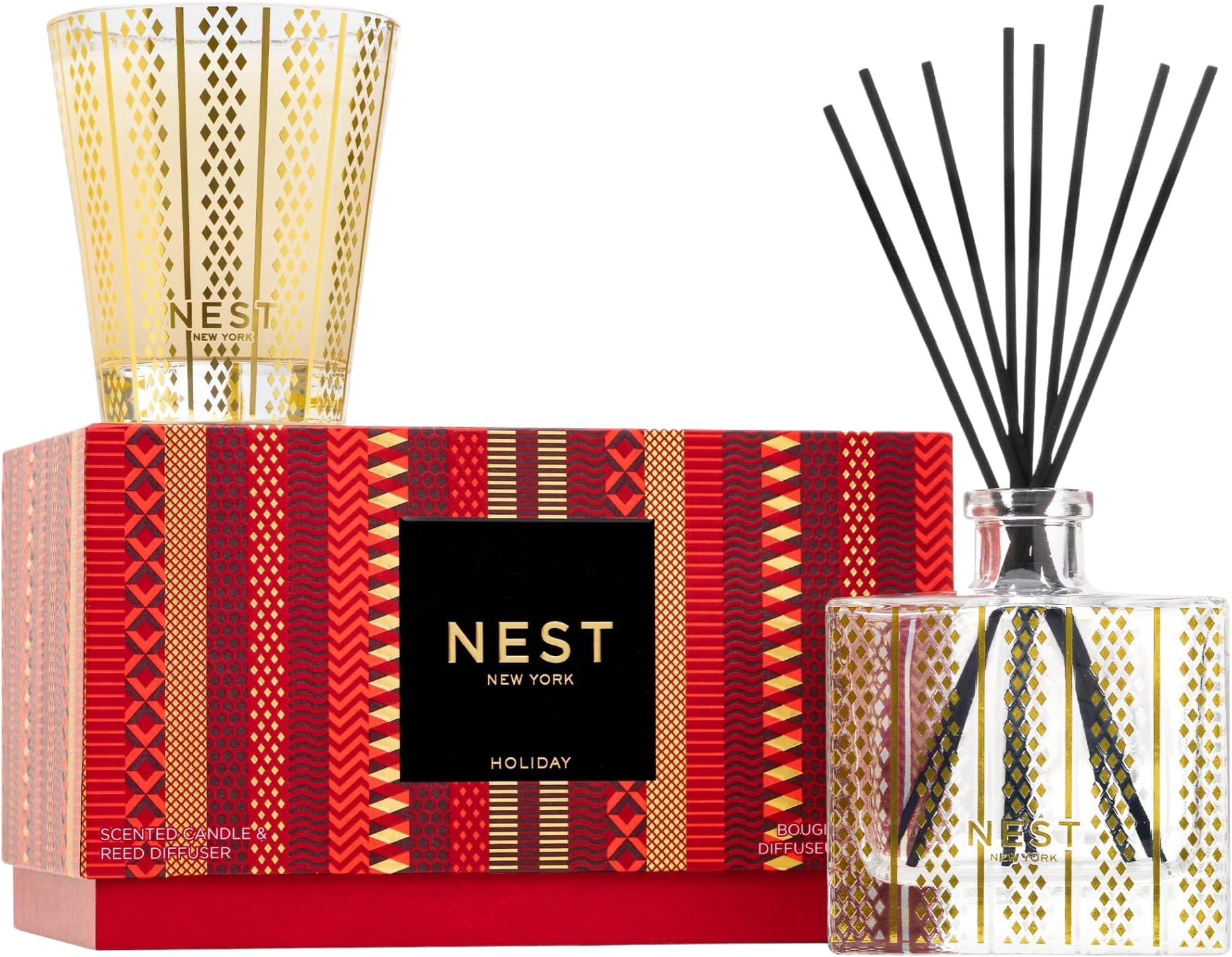 Scented Classic Christmas Candle (8.1 oz) & Diffuser (5.9 fl oz) Set, Holiday - Reusable Glass Vessel - Vegan, Cruelty Free