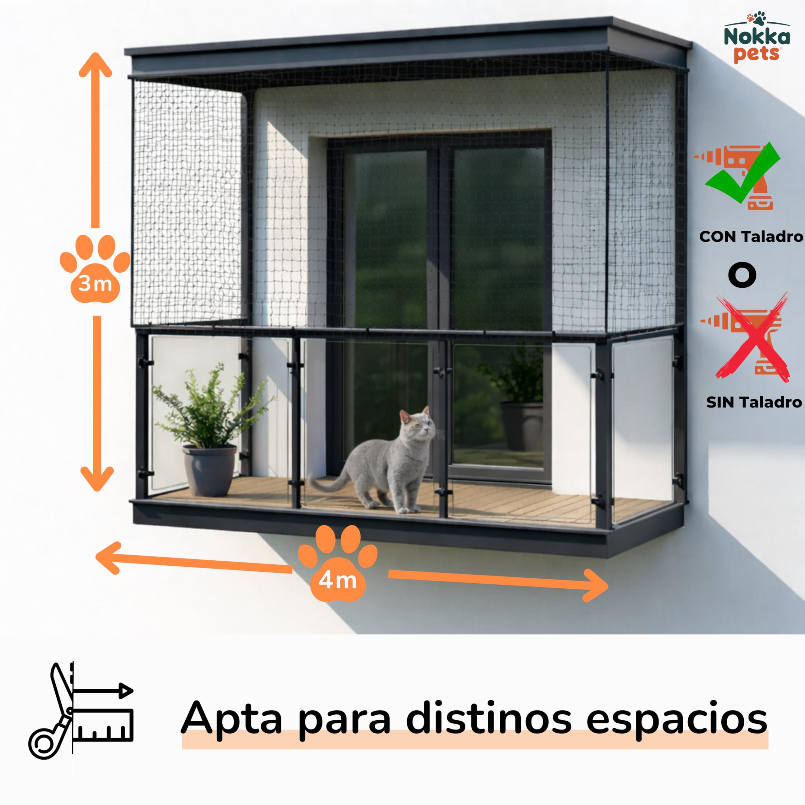 Red Gatos Terraza 4x3m - Reforzada con Alambre – Kit de Instalación Incluido – Máxima Seguridad Anticaídas para Balcón, Terraza y Ventanas – Red para Gatos UV Resistente Gatos Curiosos