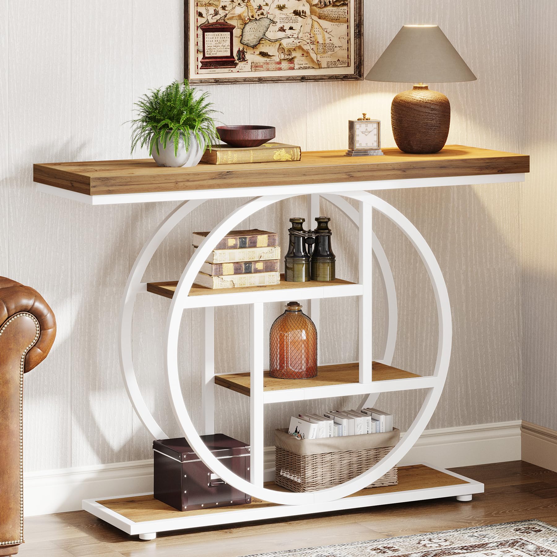 Tribesigns Konsolentisch im Industriestil, 105 cm, 4 Ebenen, mit rundem Sockel, schmal aus Holz mit Ablageflächen für Wohnzimmer und Flur (Eiche braun)