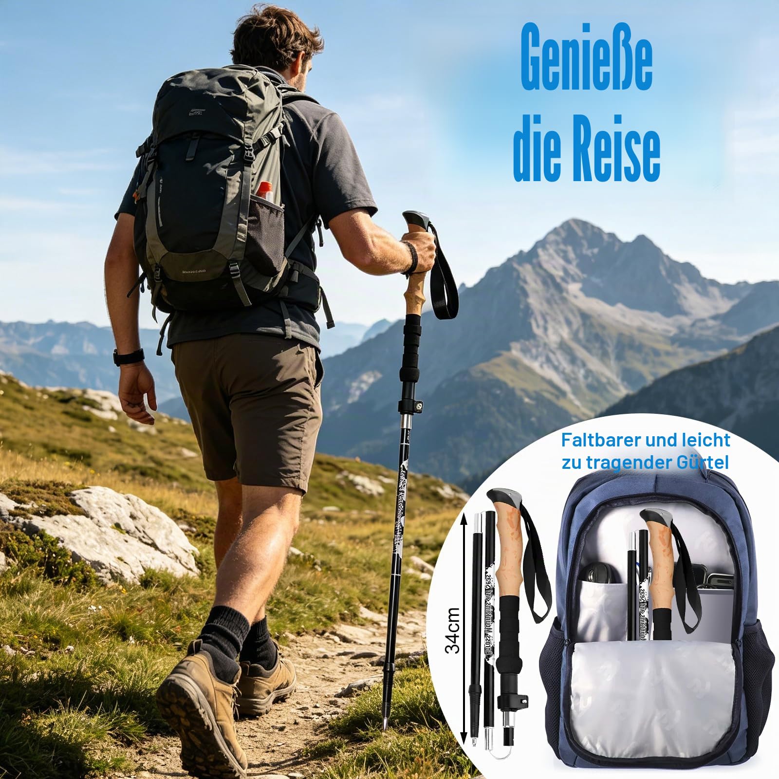 Wanderstöcke, Faltbar, Teleskopstöcke (110-130 cm), Ultraleichte Alu Trekkingstöcke oder Carbon, Walking Stöcke mit Korkgriff für Nordic Walking, Hiking Poles Klappbar für Skifahren & Bergsport