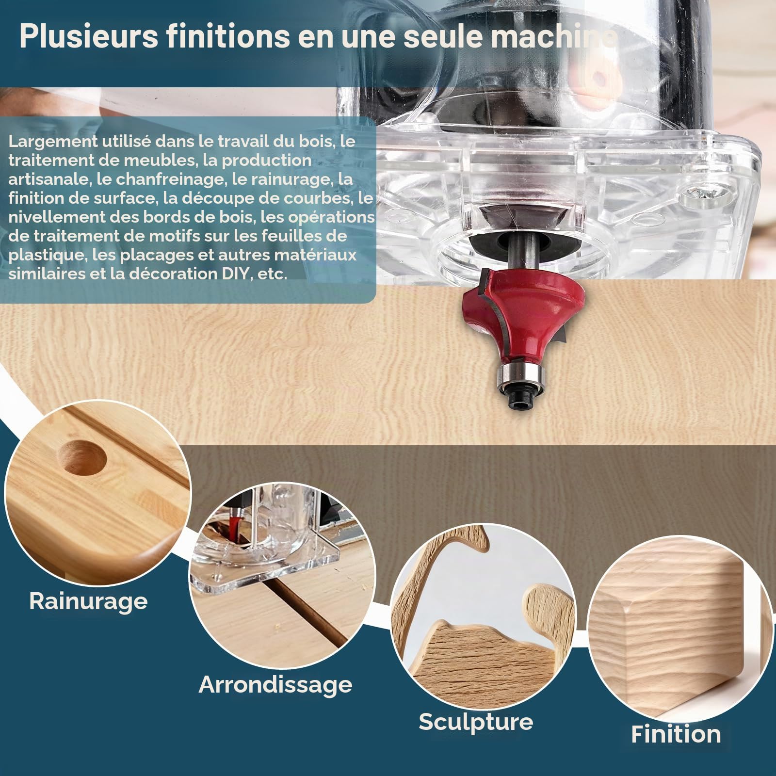 Affleureuse Defonceuse A Bois éLectrique, 1000W 30000 RPM Routeur à Bois éLectrique Fraiseuse Avec 6 Vitesses Variables, Bois Affleureuse DéFonceuse Trimmer Avec 15pcs 1/4" Pinces Bits