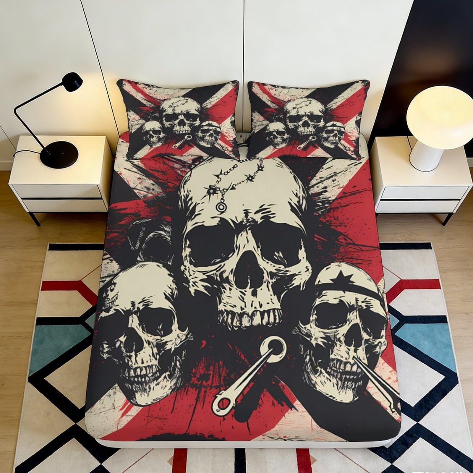 3D Printed Skull Pattern Fitted Sheet Microfiber Soft Breathable Gothic Skull Bed Cover for Bedroom Dormitory Guest Room Mattress Protection 120x200x25cm