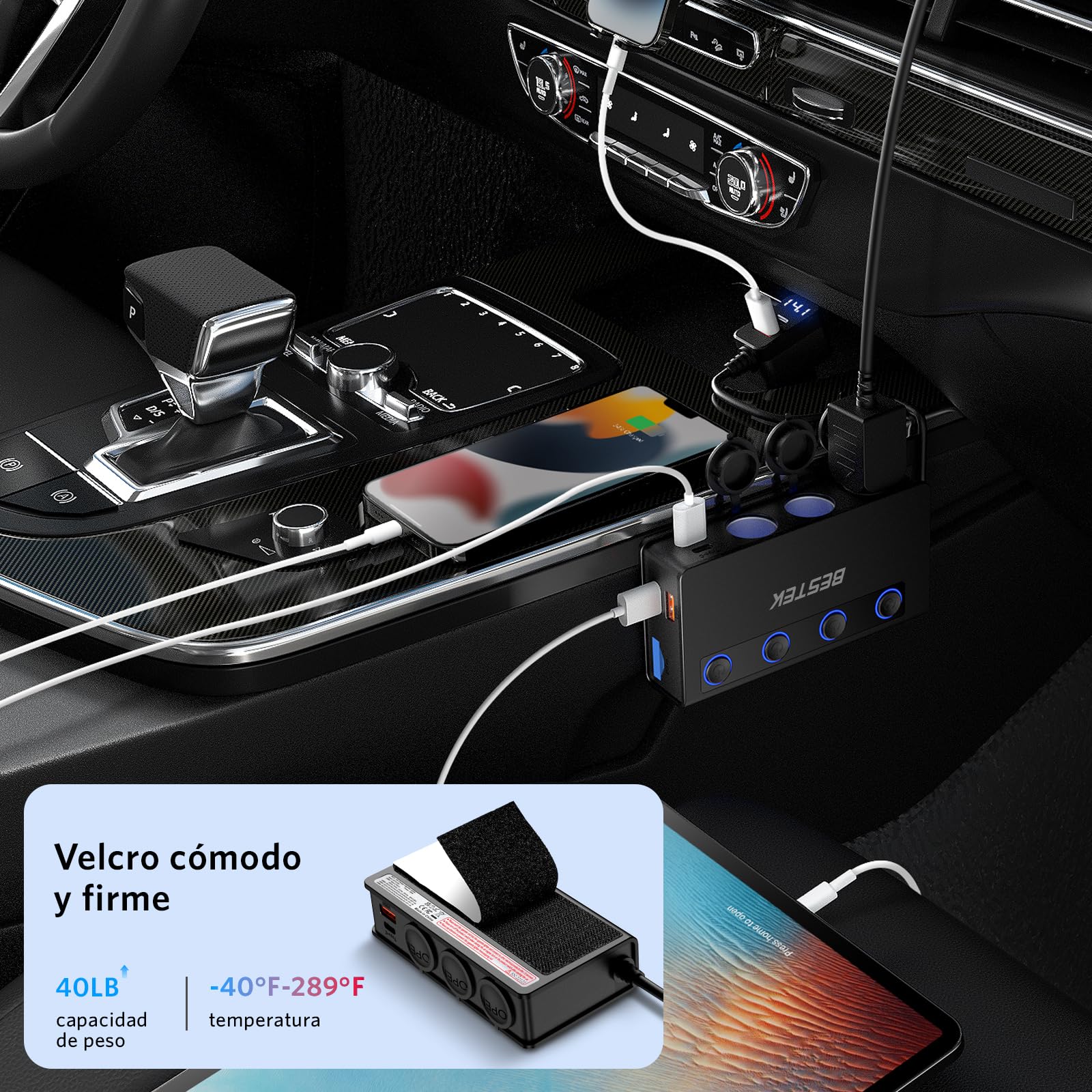 BESTEK Cargador de Coche 180 W, Cargador Coche USB-C PD USB QC3.0, Adaptador Mechero Coche 12V/24V con 3 Tomas de Mechero 6 Puertos USB con Pantalla LED para iPhone Dash CAM