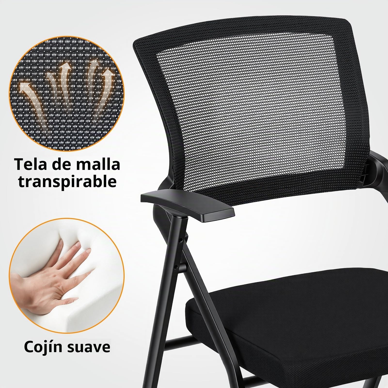 Silla de oficina plegable, respaldo ergonómico de malla con ruedas de PU y reposabrazos lisos, silla de invitados apilable para sala de conferencias, reuniones, recepción, color negro