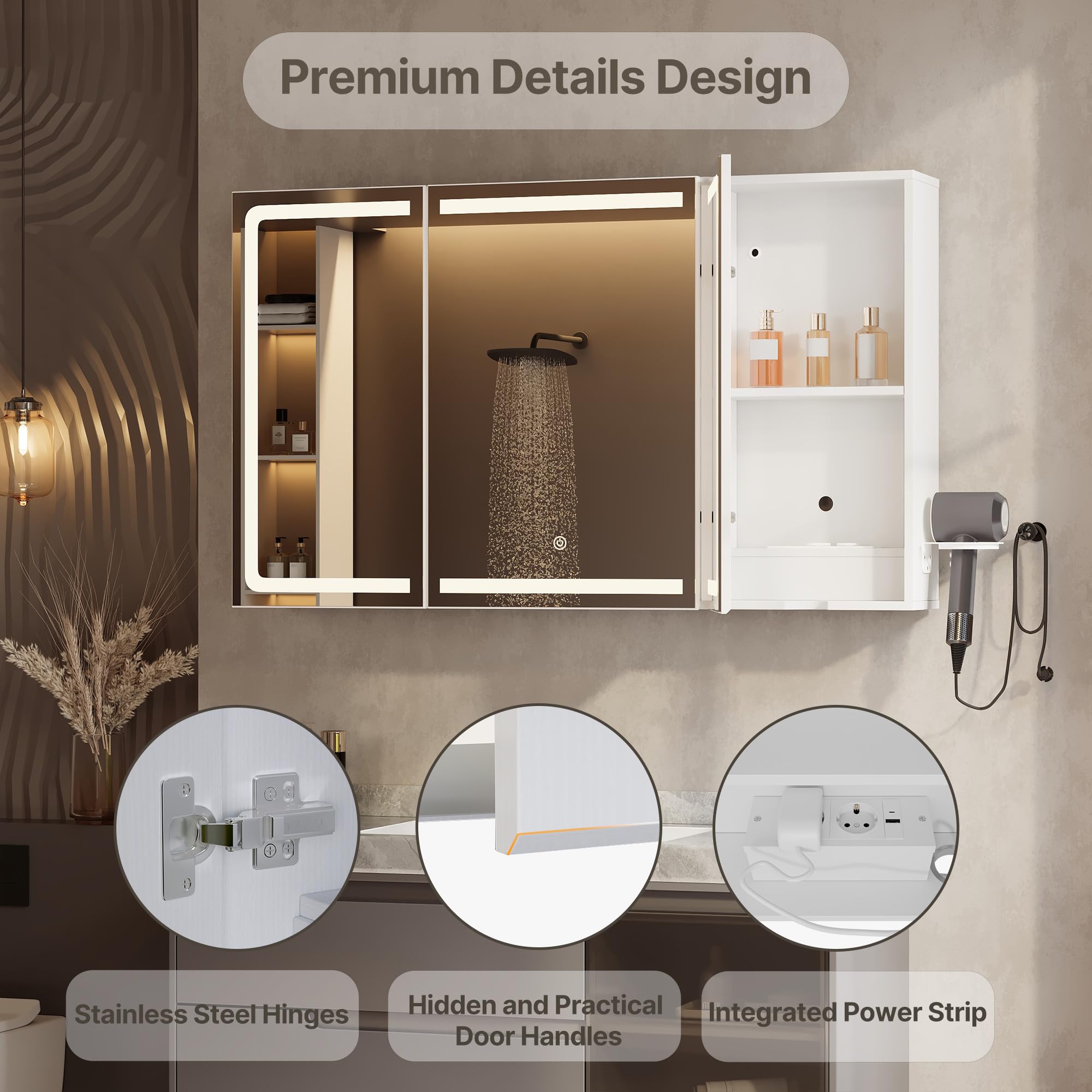 Xbro Spiegelschrank Bad mit LED-Beleuchtung 100×16×60 mit Steckdose, Seitenablage, verstellbaren Spiegeltüren, Weiß