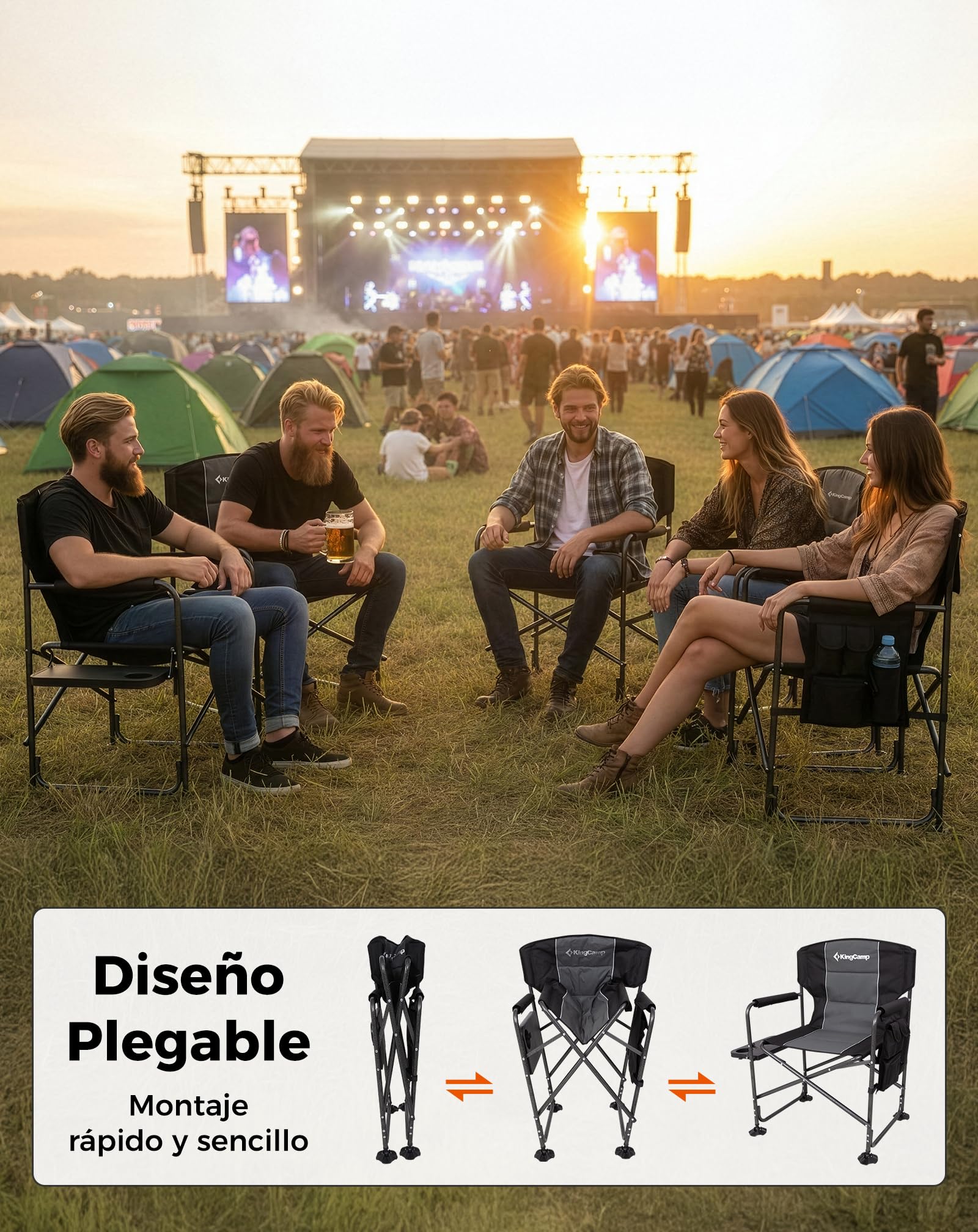 KingCamp Silla de Director Camping Plegable, hasta 200 kg | Silla de Camping Plegable Acolchada para Adultos, Mesa Lateral y Bolsillos Laterales, Silla Portátil de Pesca Camping Jardín