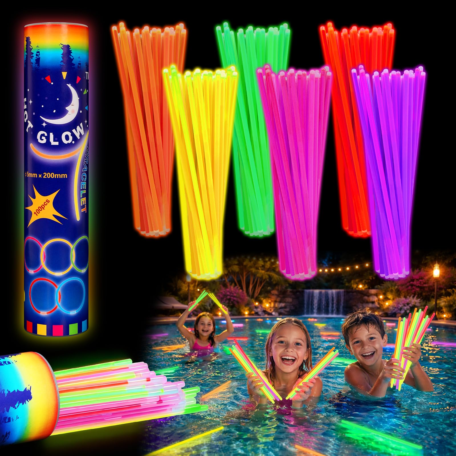BobbleT 100 Pack Pool Glow Sticks, Waterproof Ultra Bright Glow Sticks with Connectors, Long Lasting 6 Hours, Neon Party Favors for Kids & Adults,