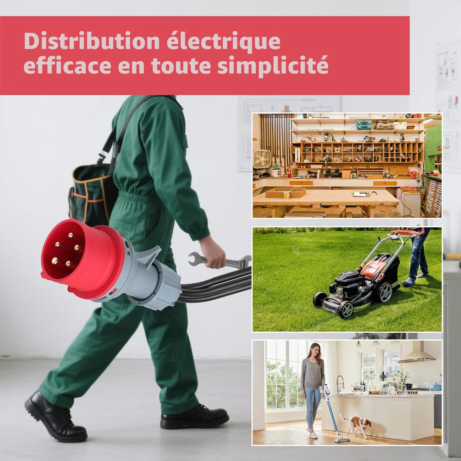 Adaptateur CEE - Répartiteur de courant fort - 400 V - 16 A - Fiche vers 3 x 230 V - Câble d'extension - Câble adaptateur CEE de camping avec couvercle rabattable et prise de terre - Pour caravane
