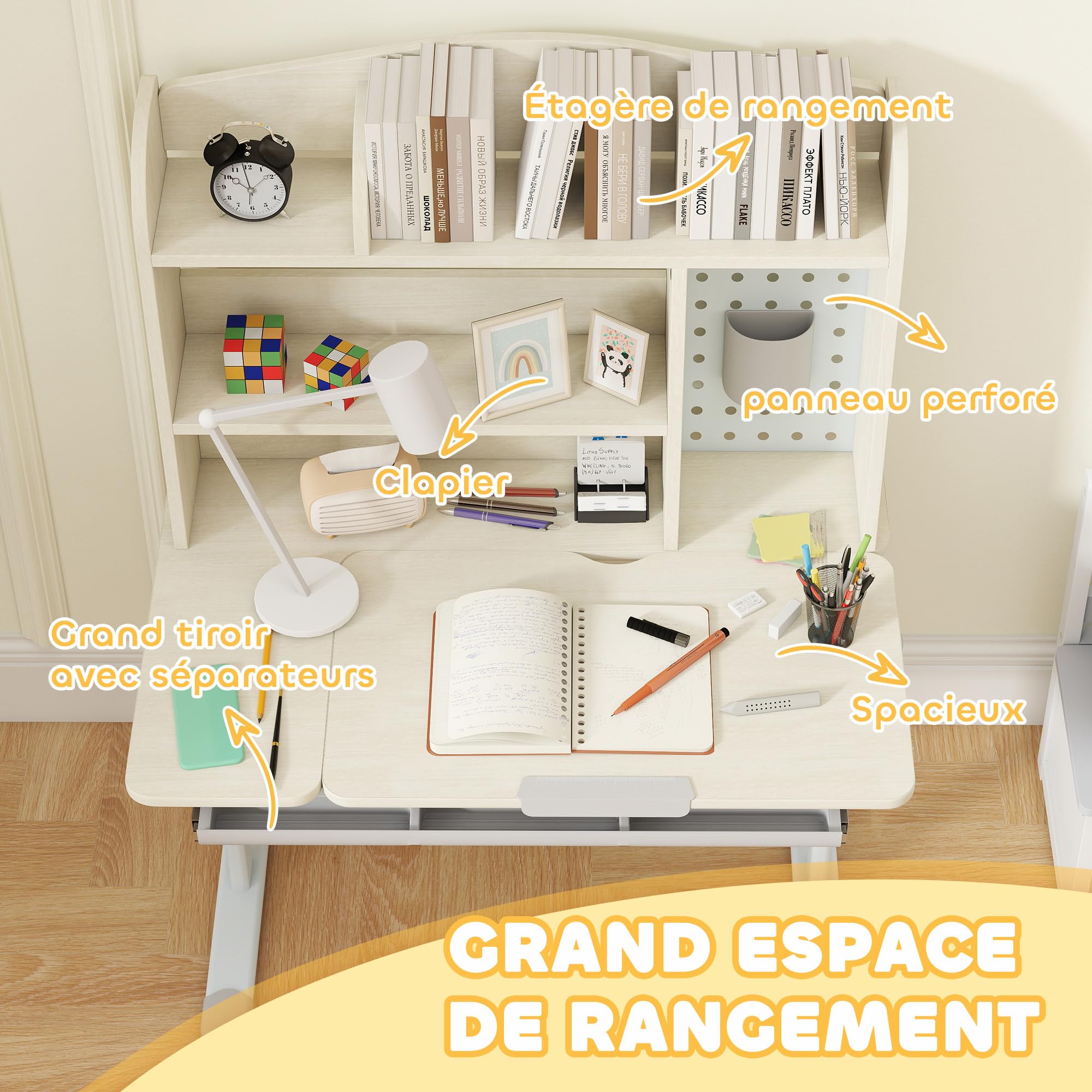 AIYAPLAY Bureau pour Enfants, Table d'étude réglable en Hauteur avec Plateau inclinable, Rangement, Panneau perforé, 3-12 Ans, Naturel