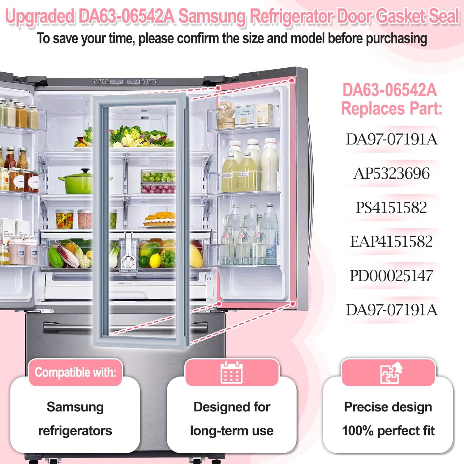 LXun Upgraded DA63-06542A Refrigerator Door Gasket Replacement for Samsung Refrigerator French Door Seal, 39.57"x16.93" Refrigerator Seal Replace Part DA97-07191A 2813286 AP5323696 Fridge Door Gasket