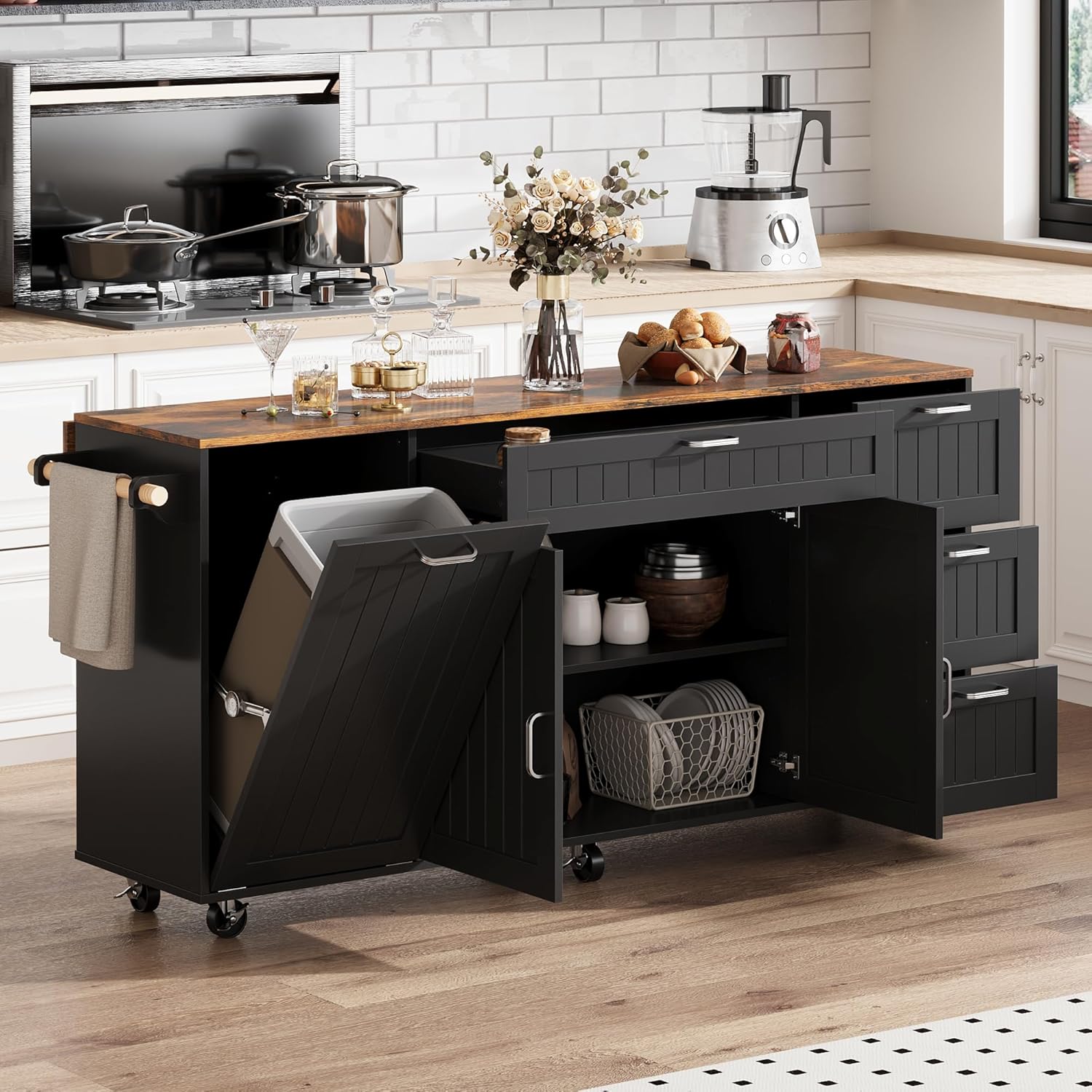 ECACAD 63" Kitchen Island Cart with Folding Drop Leaf & Trash Can Cabinet, Kitchen Rolling Island with Drawers, Doors, Adjustable Shelf & Towel Racks, Mobile Island Table with Wheels, Black & Brown