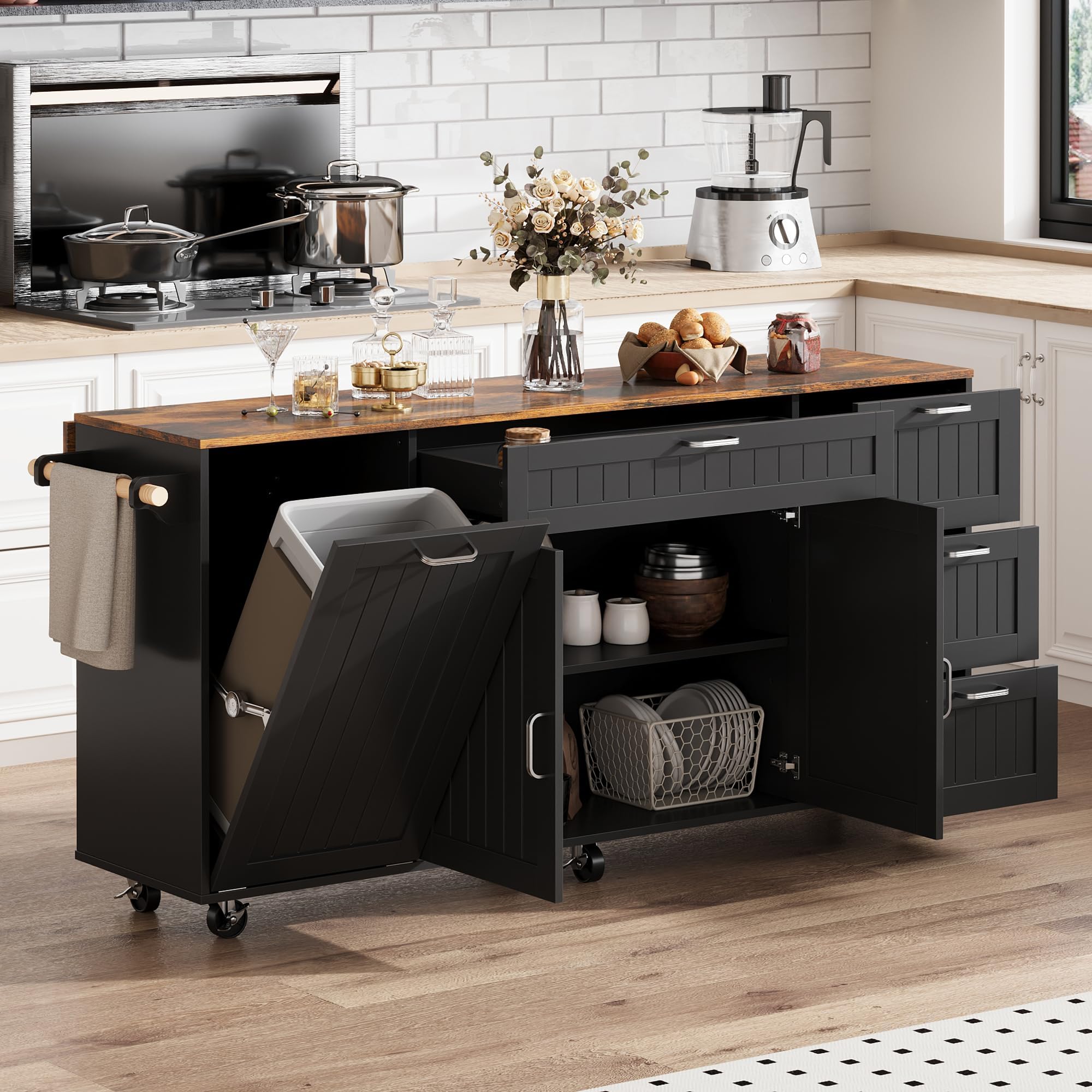 63" Kitchen Island Cart with Folding Drop Leaf & Trash Can Cabinet, Kitchen Rolling Island with Drawers, Doors, Adjustable Shelf & Towel Racks, Mobile Island Table with Wheels, Black & Brown