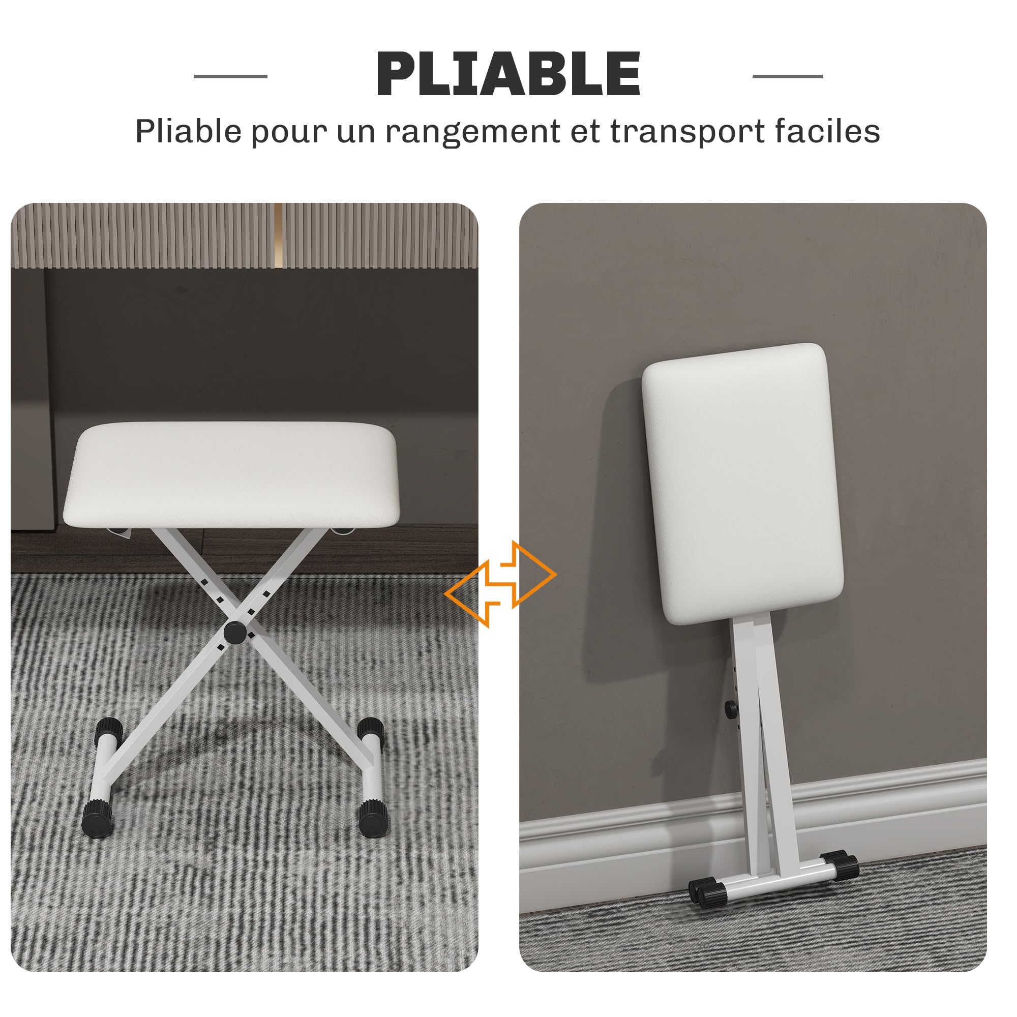 HOMCOM Tabouret Piano Pliable, Banc Piano réglable en Hauteur de 37 à 47 cm, siège rembourré en PU et Pieds en métal antidérapants, Charge 100 kg, Blanc