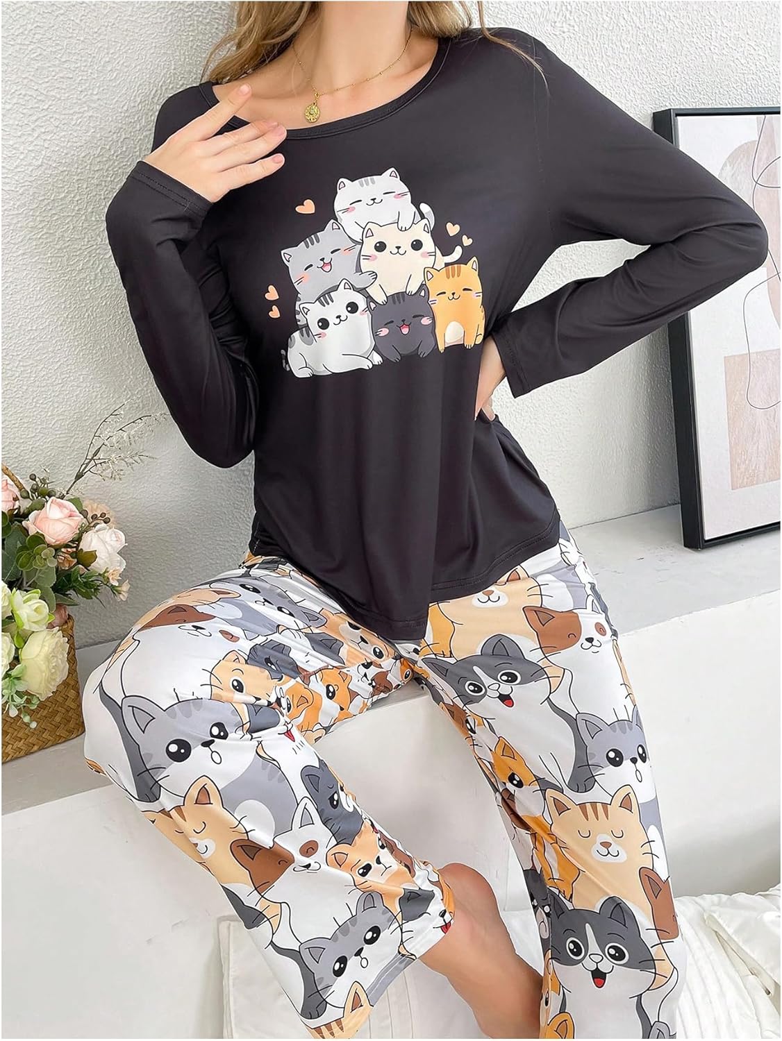SOLY HUX Women's Cartoon Graphic Pajama Set Cute Cat Print Sleepwear Long Sleeve Tee Tops and Pants Loungewear - Image 5