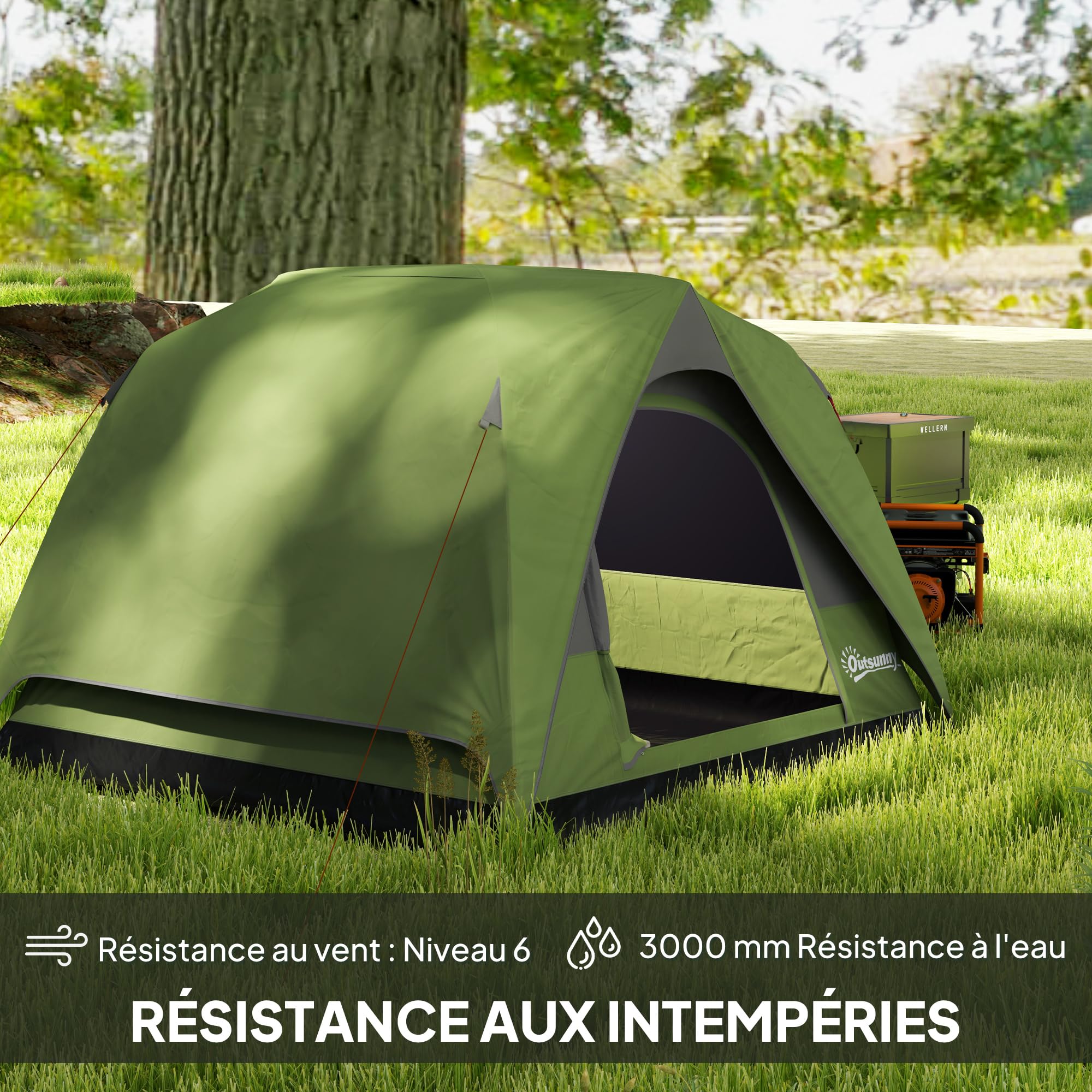 Outsunny Tente de Camping 2-4 Personnes, Tente dôme familiale imperméable, avec fenêtres, Sac de Transport, Poche et Crochet, pour Pique-Nique, Trekking, Camping, randonnée, Vert Olive