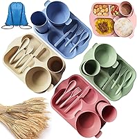 QWFHOME 25-Piece Wheat Straw Dinnerware Set - BPA-Free Unbreakable Plates Bowls Cups Utensils for Kids Adults, Microwave Dishwasher Safe, Portable Picnic Travel