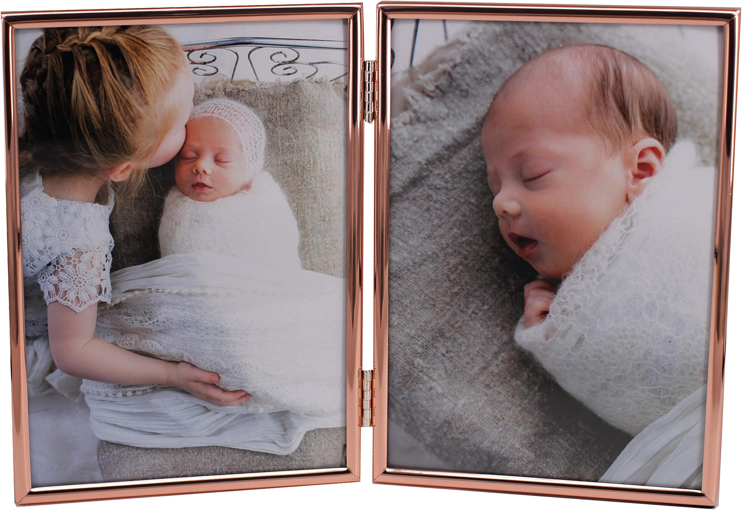 Concise Hinged Double Picture Frame, Silver Plated,Standing Vertical,5 by 7 Inch,Best For Home Or Office Table Decor (rose gold)