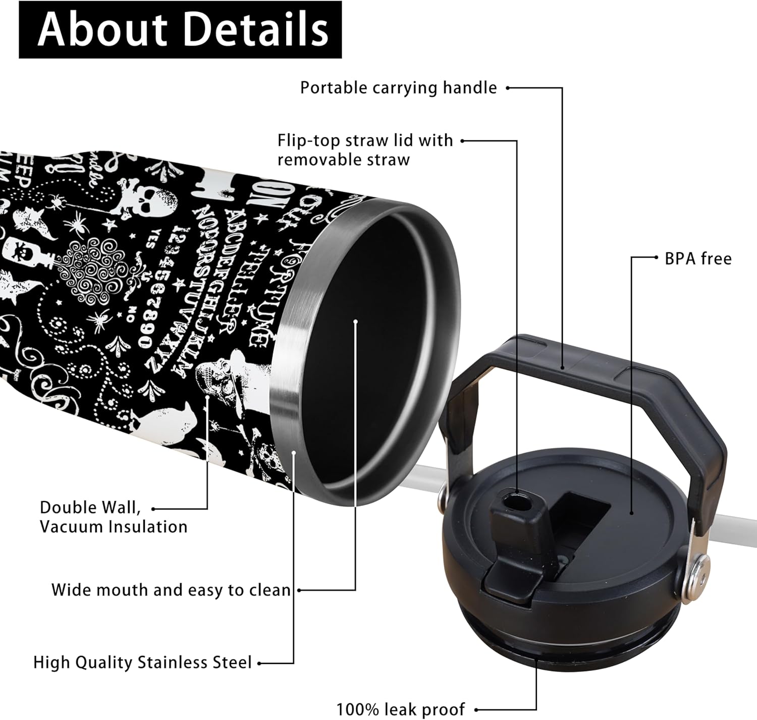 Halloween Tumbler, Spooky Skull Tumbler Spider Bat Cup with Handle and Straw, 30 oz Stainless Steel Insulated Water Bottle Halloween Gifts for Women - Image 4