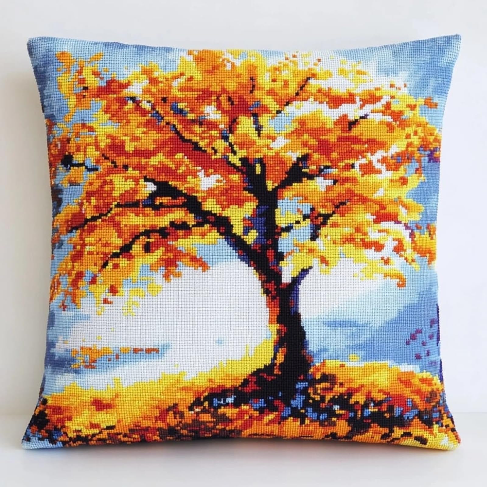 WallustrioaW Stamped Cross-Stitch Pillow Kit,Maple,Cushion Needlework Kit with Embroidery Pattern on Cotton Canvas Holiday,Gift 18x18in