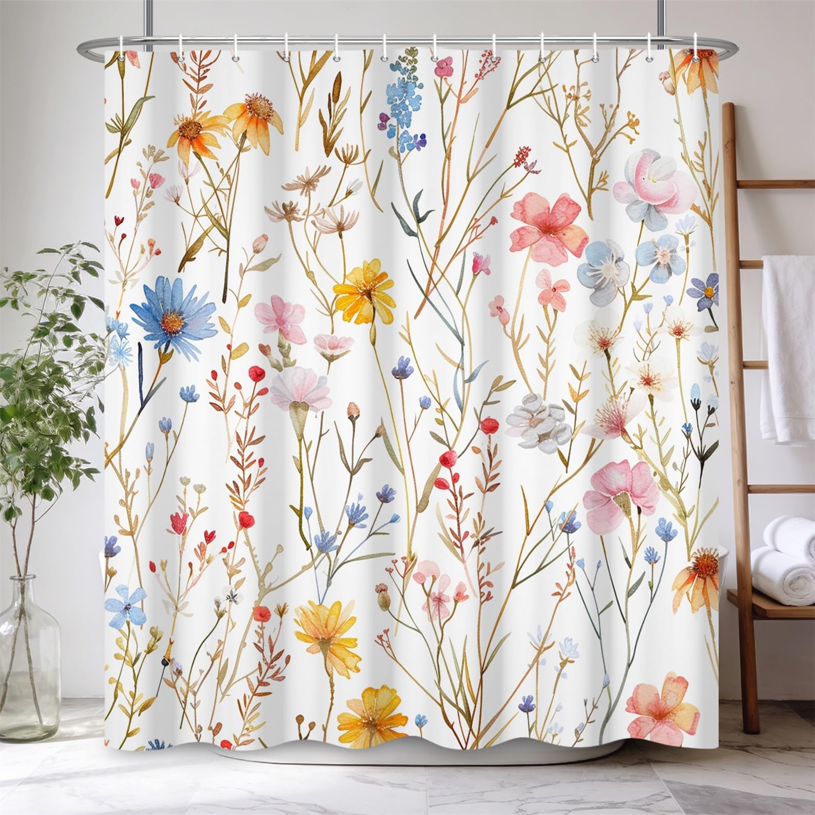 Uiyiui Multicolor-2 Floral Shower Curtain 39X87in/100X220cm/Wxh Spring Flowers Botanical Herbs, Yellow, Blue, Stems, Daisies, Waterproof, Colorful Wildflower Polyester Fabric For Bathroom Bathtub With Hooks