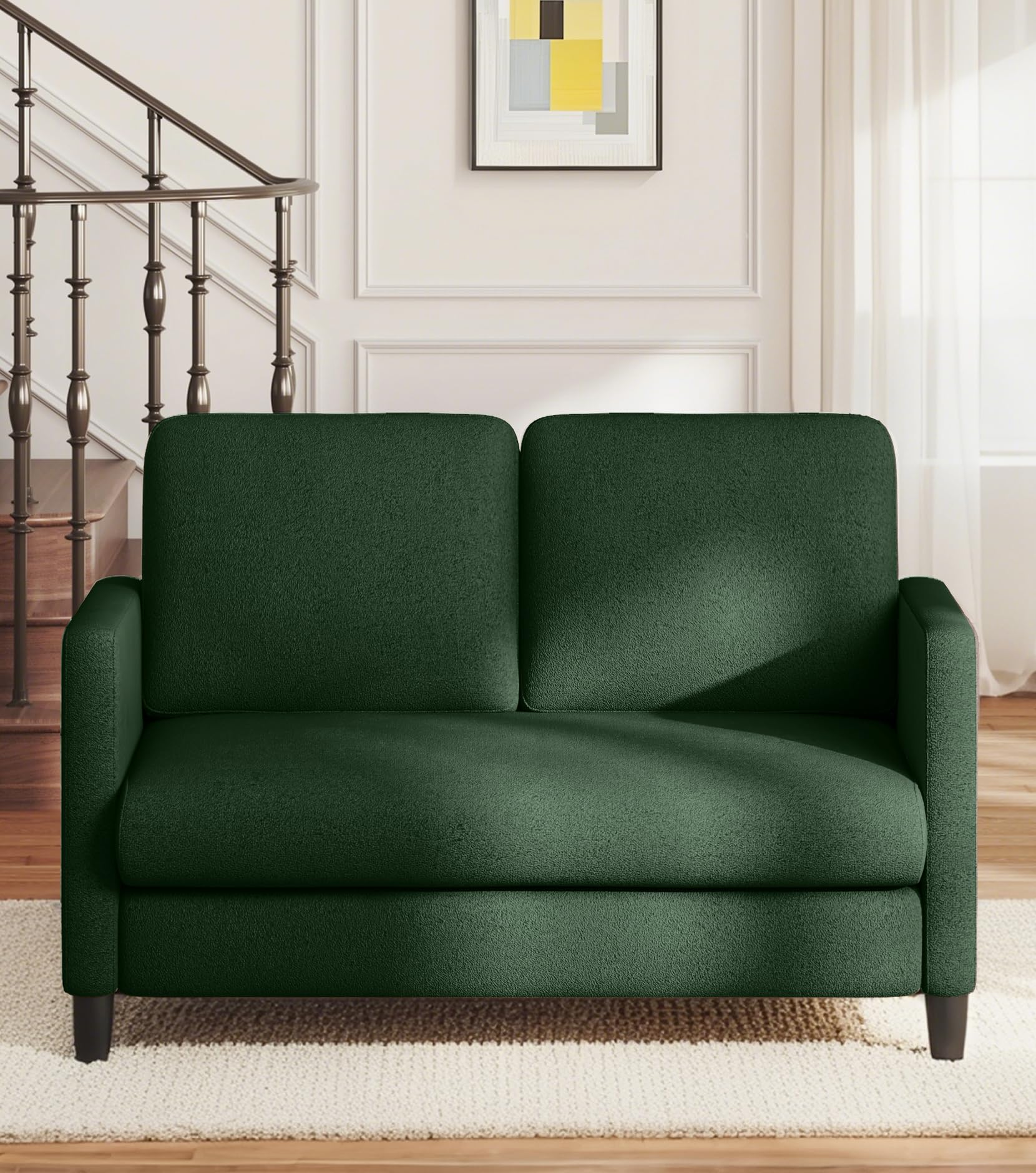 Domusensus 2 Sitzer Sofa, 2 Sitzer Kleinsofa, Ganz aus Holz-Couch, Teddy Fleece Zweisitzer-Kleinsofa, Werkzeugfrei 2er Sofa, 2-Sitzer-Sofa, für Wohnzimmer, Schlafzimmer, Büro, Jugendzimmer, Grün