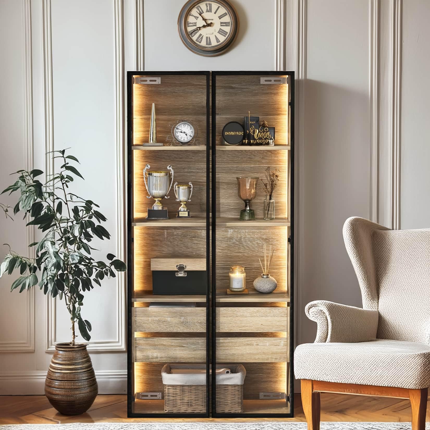 PUGSDRLY Meuble de Salle de Bain,Vitrine en Verre avec LED Réglables,2 Tiroirs,2 Portes Vitrées,Armoire Chambre,Meuble de Rangement,Buffet Cuisine,pour Salon,Chambre,74x36x155 (A)