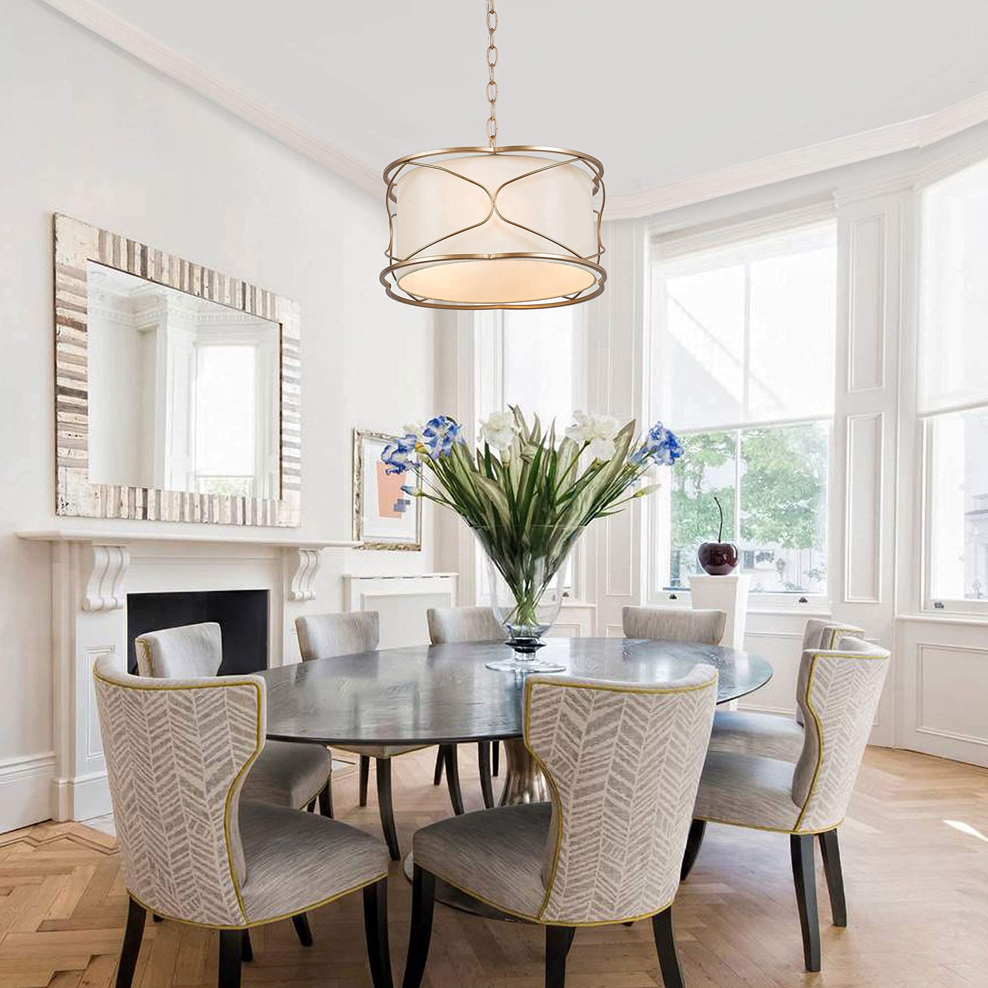 Modern Drum Chandelier, Dia 15.5" Chandelier Light Fixture with Gold Finished Metal Frame and Fabric Lampshade, 3-Light Pendant Light for Dining & Living Room, Bedroom, Kitchen Island, Foyer, Entryway