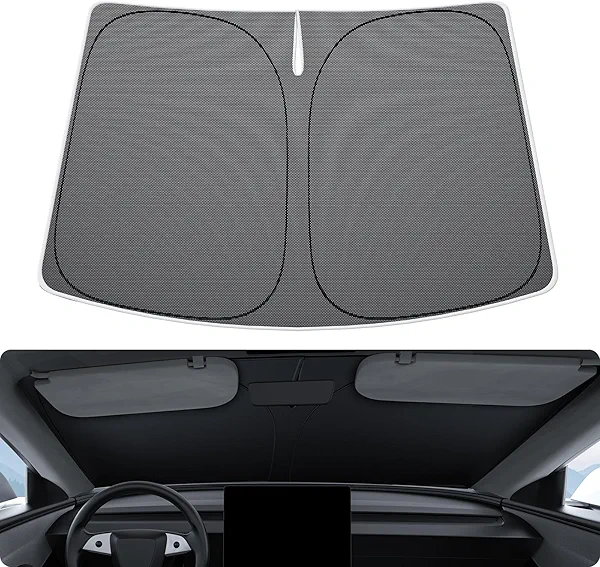 BASENOR 2026-2017 Tesla Model Y Model 3 Windshield Sunshade [Nano Ice Crystal], Folding Front Window Sun Shade Full Cover, Heat UV Protection Visor Tesla Accessories Black