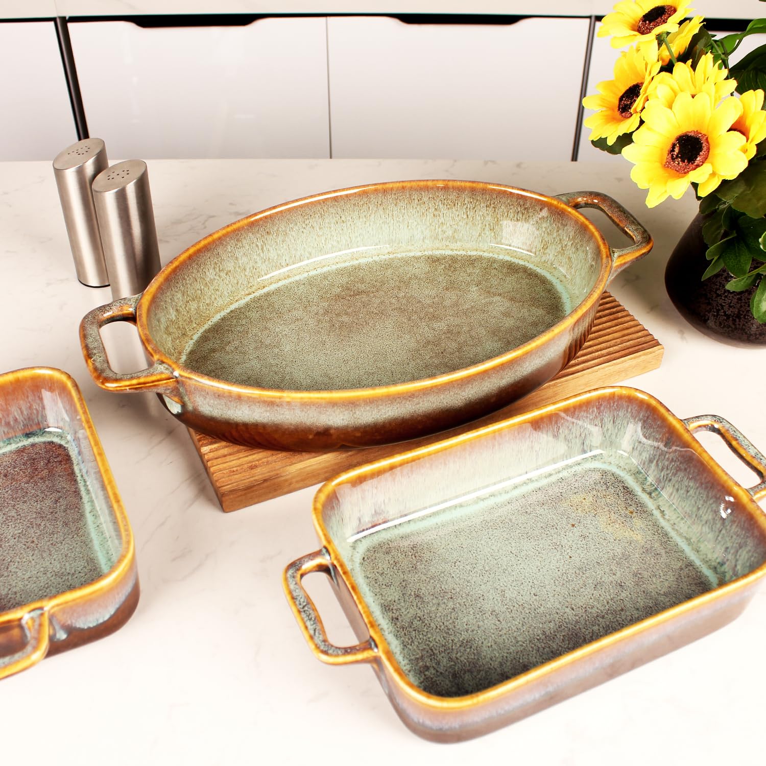 Casseruola in ceramica Au gratin, grande teglia profonda per lasagne da forno, teglia con manici, adatta per forno, microonde, congelatore e lavastoviglie, ottimo regalo (ovale, 38 cm)