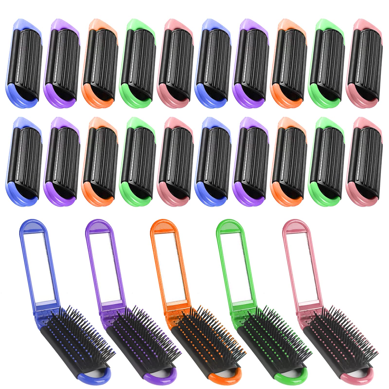 Merkaunis 20 Pcs Travel Hair Brush, Portable Folding Hair Brush with Mirror, Mini Compact Hair Comb Collapsible Pocket Brush for Women, Colorful