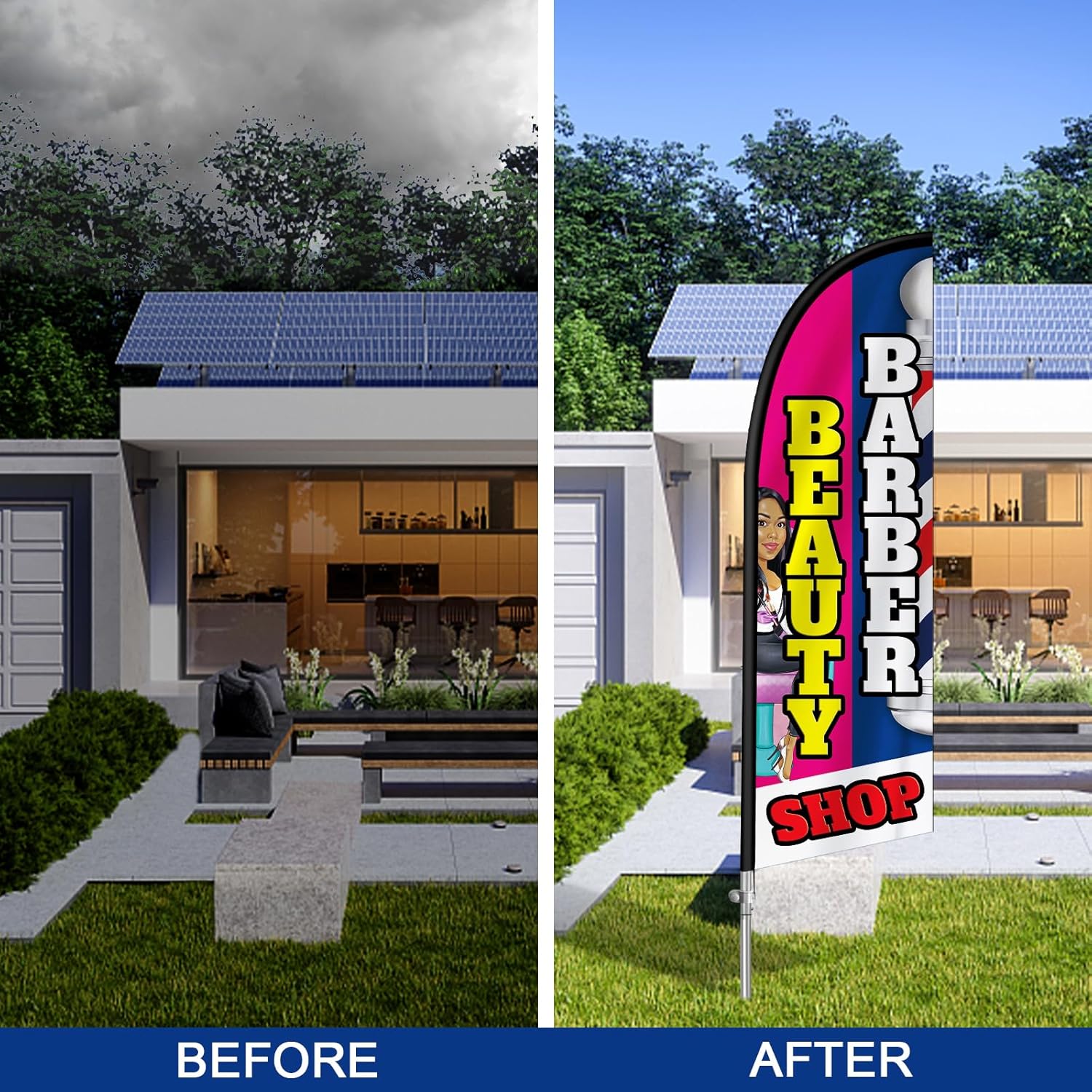 Beauty Barber Shop Flag for Business, Beauty Barber Shop Signs, 8FT Polyester Advertising Swooper Flag with Aluminium Alloy Flag Pole Kit, Stainless Steel, Ground Spike, Portable Bag