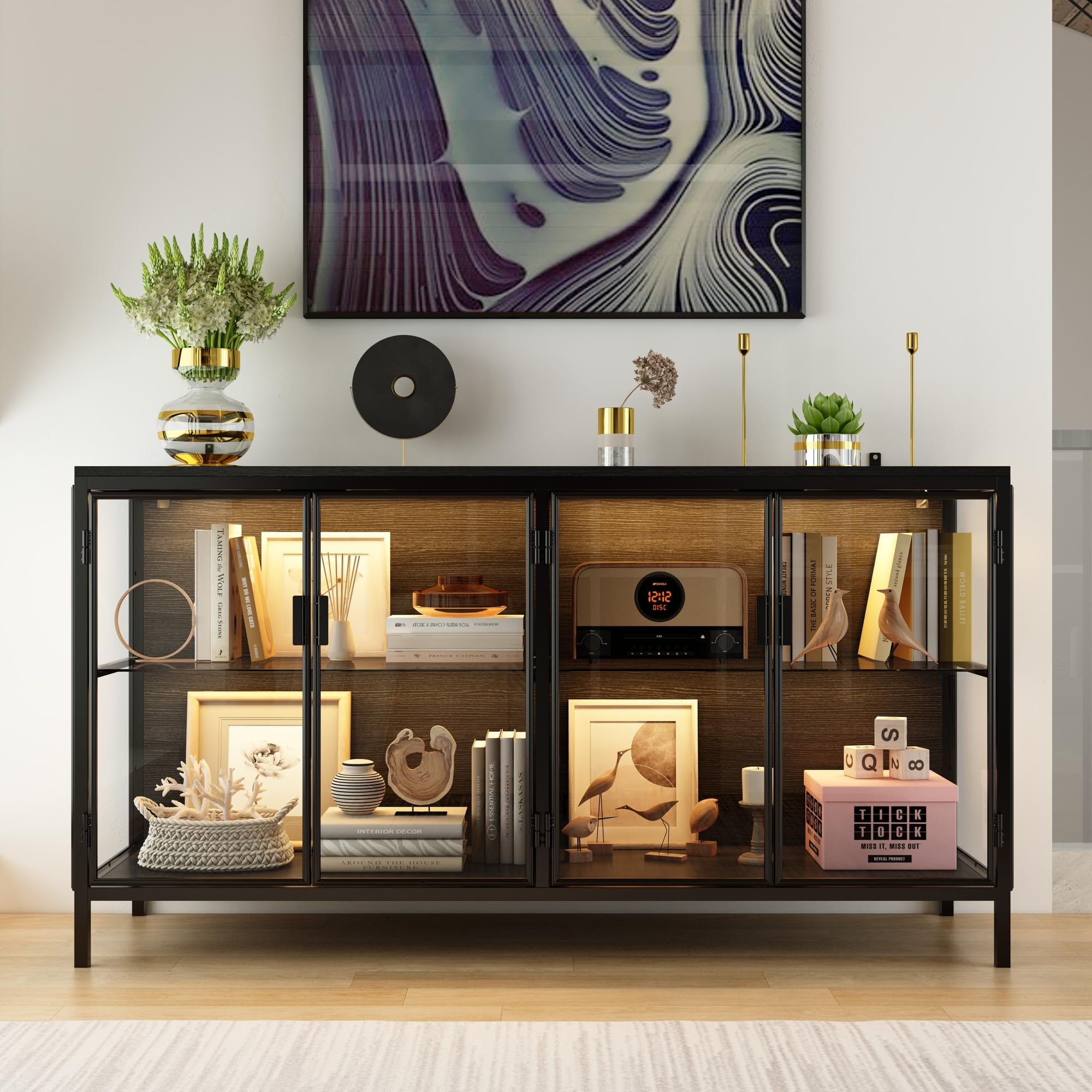 Vetrina credenza in vetro, credenza in vetro a 2 ante con telaio in ferro, vetrina in vetro con strisce luminose a 3 colori, 40 x 140 x 75 cm, nero