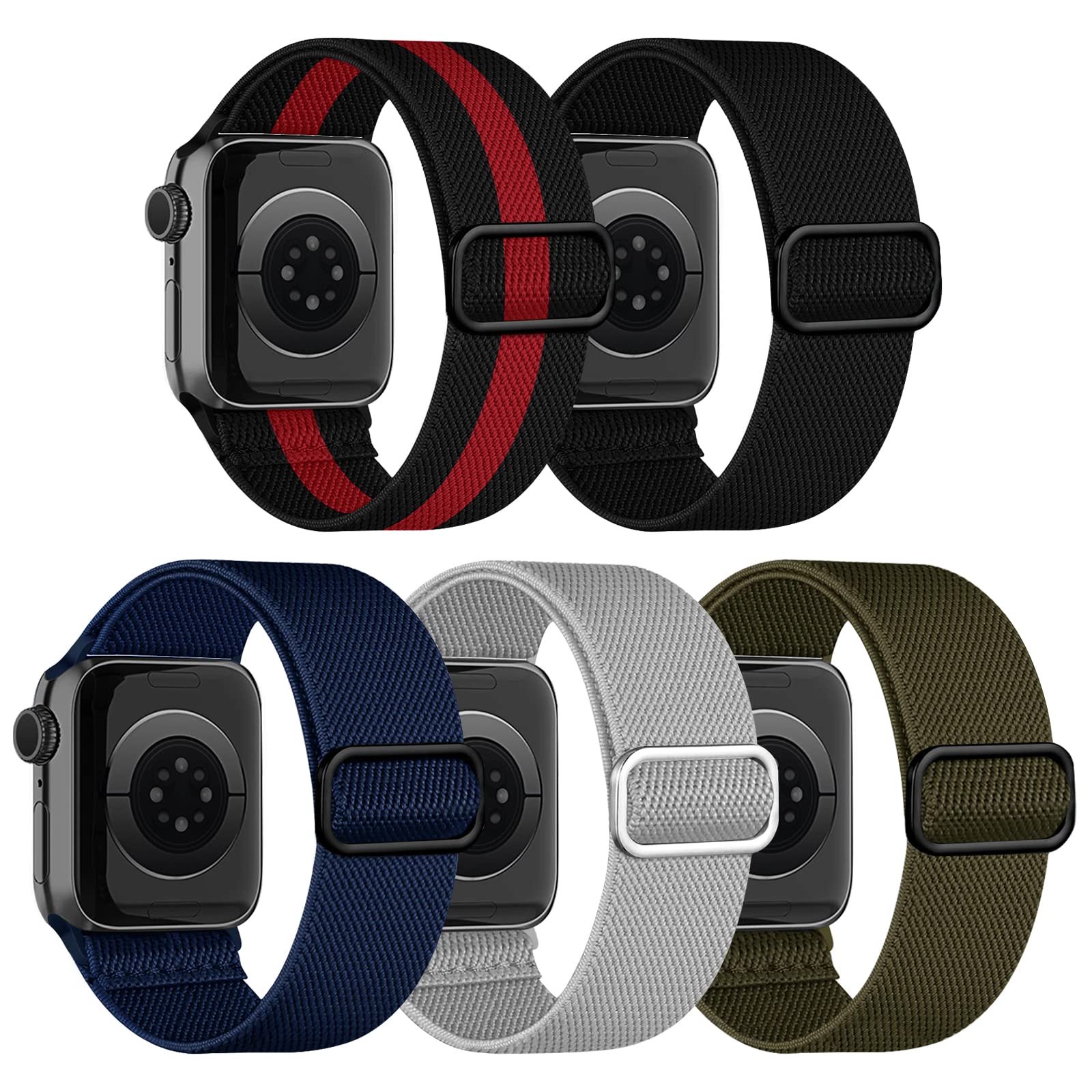 chinbersky 5 Pack Solo Loop Armband Kompatibel mit Apple Watch Armband 45mm 44mm 42mm 41mm 40mm 38mm,Verstellbares Dehnbare Nylon Sport Band für iWatch Ultra Series 11/10/9/8/7/6/5/4/3/2/1/SE