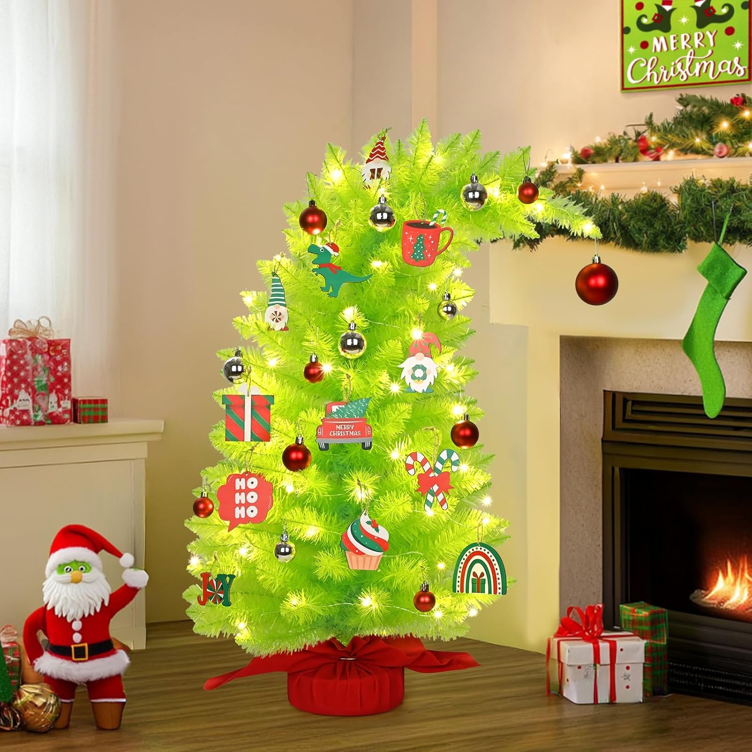 3.4Ft Whimsical Christmas Tree, Lime Green Christmas Tree with Lights and Ornaments, Bendable Artificial Trees for Holiday, Party, Home Xmas Decor