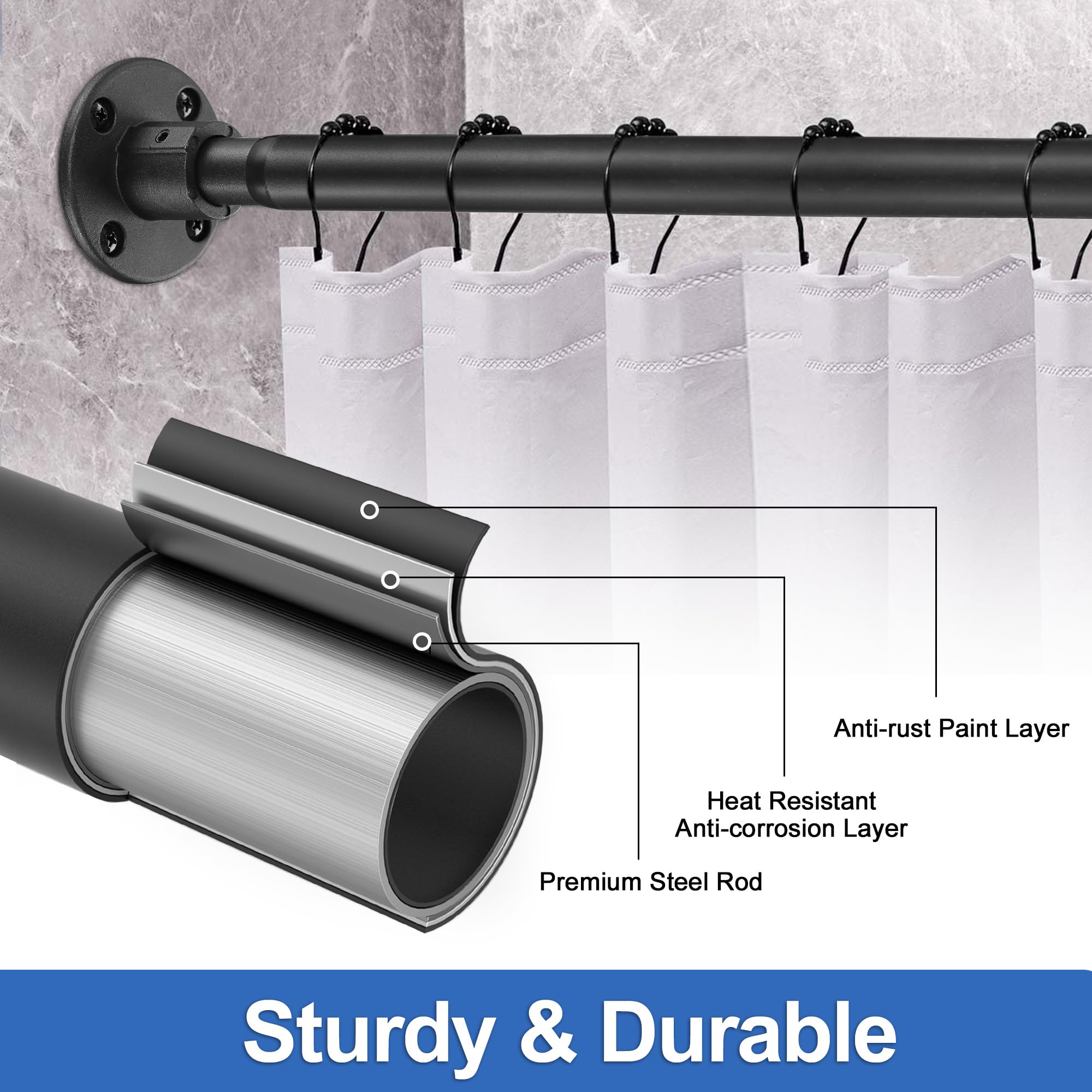 Snapklik.com : Black Shower Curtain Rod Wall Mounted - Industrial Shower Rods For Bathroom Heavy ...