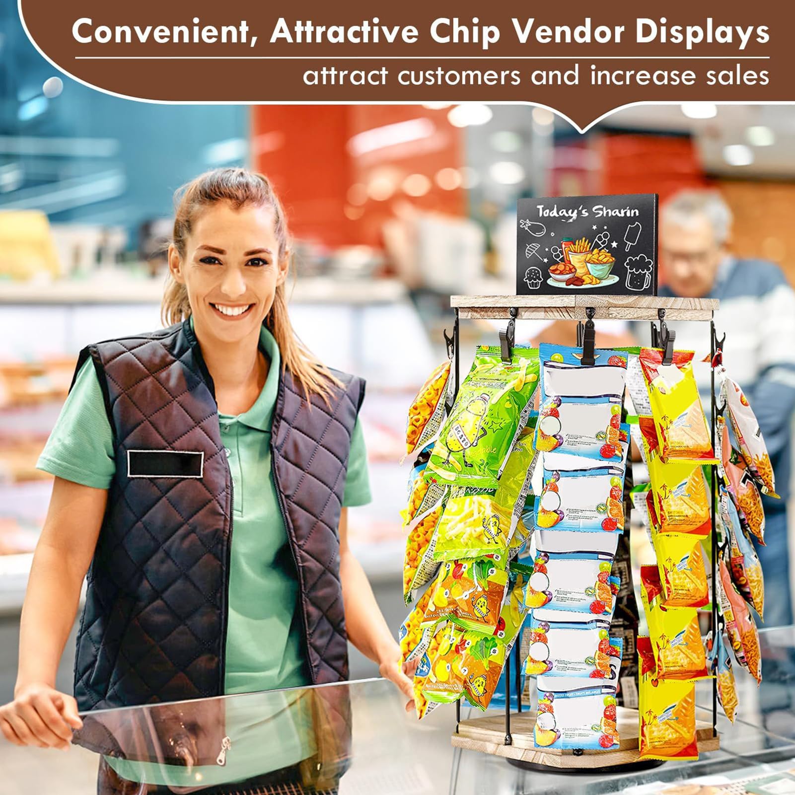Espositore Snack da Bancone Organizzatore Per Snack E Patatine Con Clip | 5 Ripiani 40 Clip Organizzatore Girevole 360° Con Bacheca, Stazione Organizzata Per Dispensa Cucina