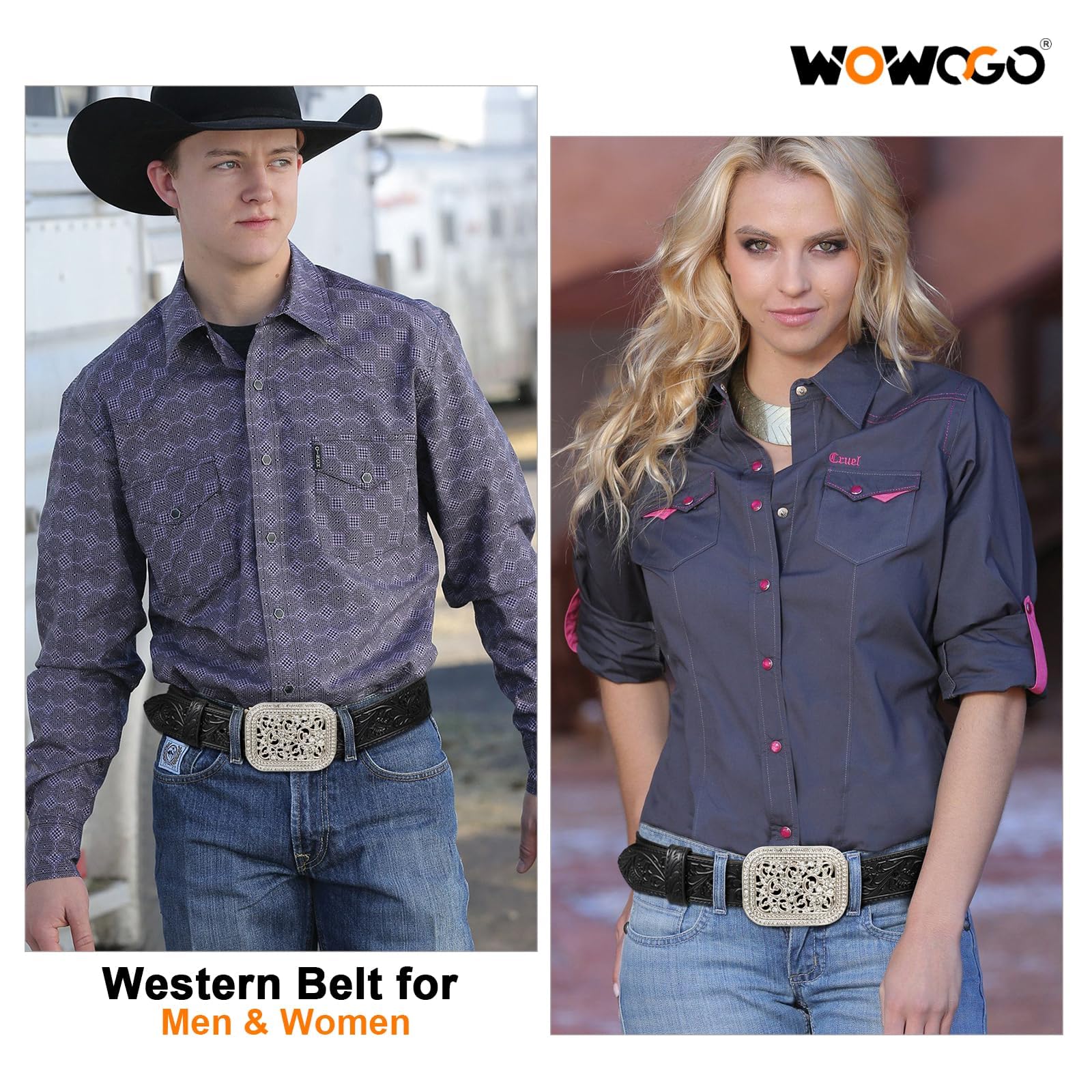 WOWOGO Women Men Western Genuine Leather Belt Cowgirl Cowboy Floral Engraved Tooled Belt Strap Embossed Scrollwork Buckle