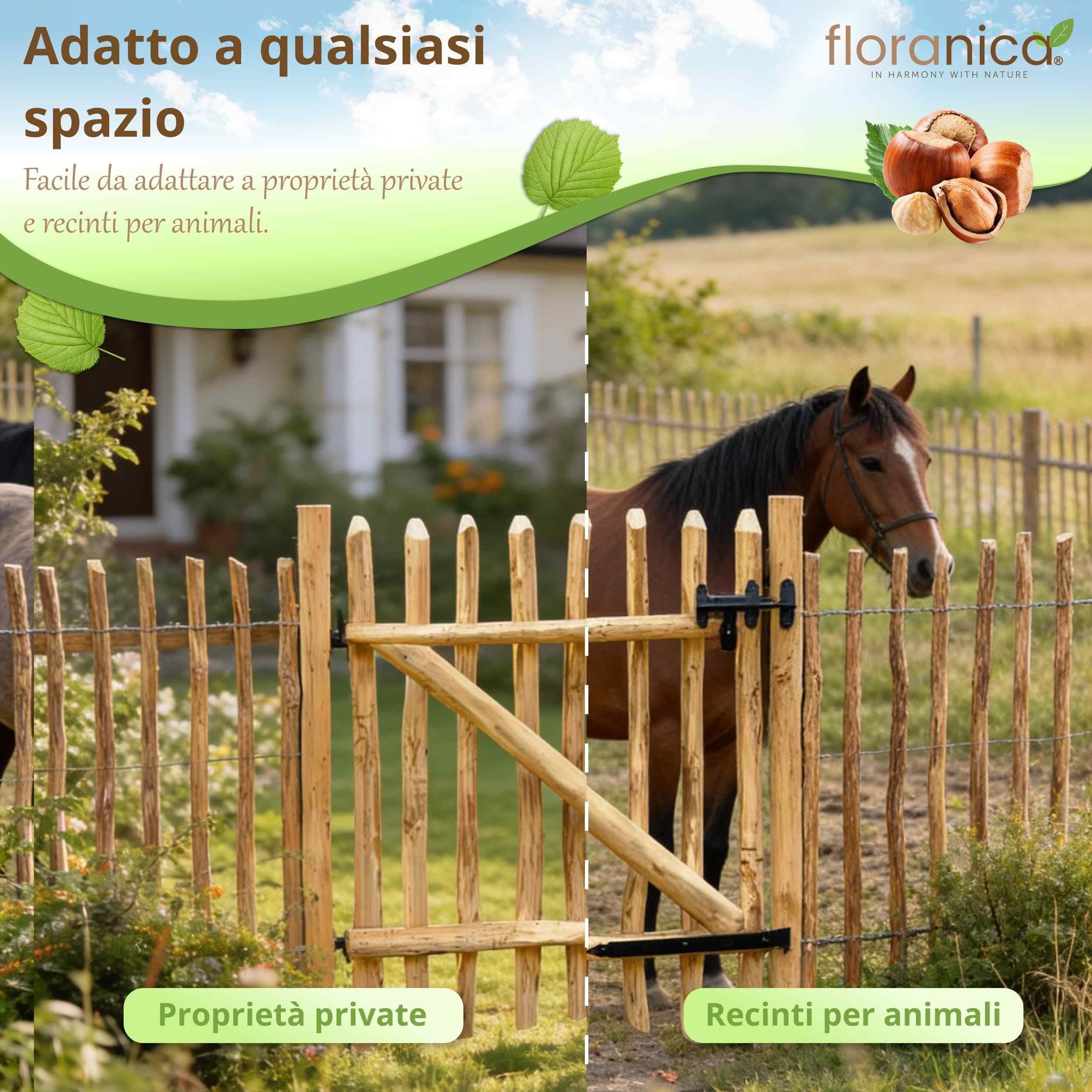 Floranica Cancello da giardino in legno di nocciolo per recinzione a paletti Altezza 115 cm x 100 cm 1 anta – pronto al montaggio incl. cerniere