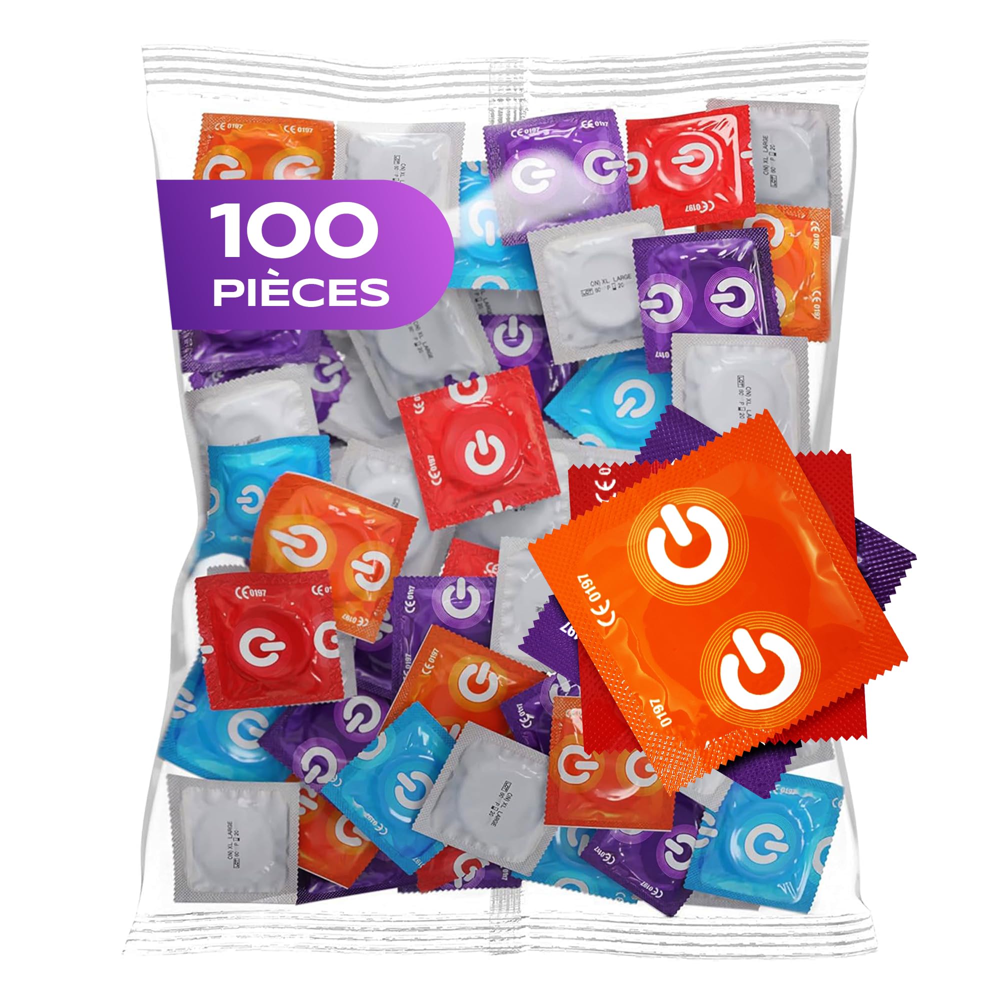 ON) Mix de préservatifs I Pack de 100 I Préservatifs premium 7 types & tailles, 54 mm de large I 20x extra fins, naturels & nervurés I 10x extra forts, parfums fraise, banane, chocolat