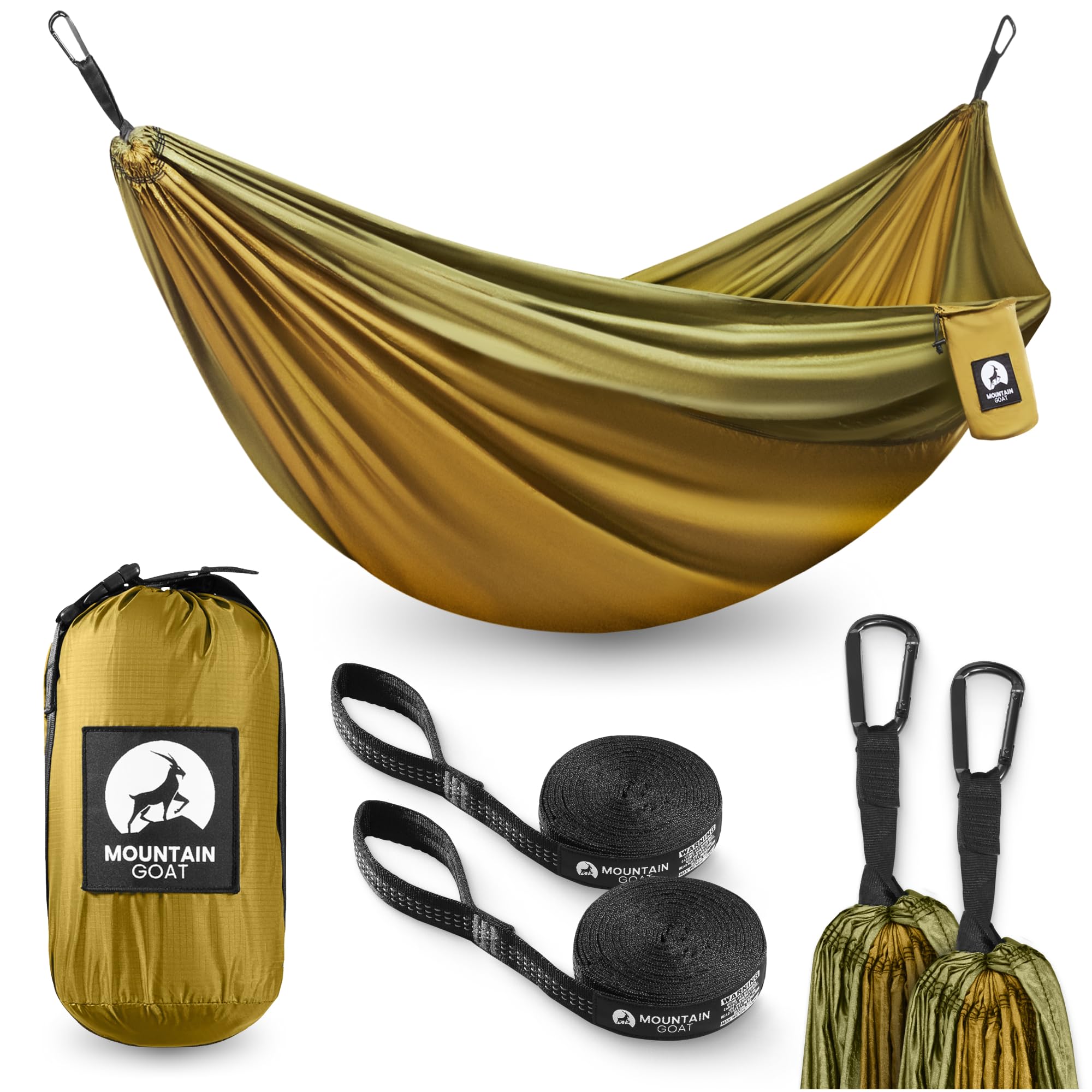 MOUNTAIN GOAT Hängematte Outdoor für 2 Personen, 300 × 200 cm, Doppelhängematte mit Befestigungs-Set, Nylon Camping Reisehängematte, 200 kg Belastung, Grün