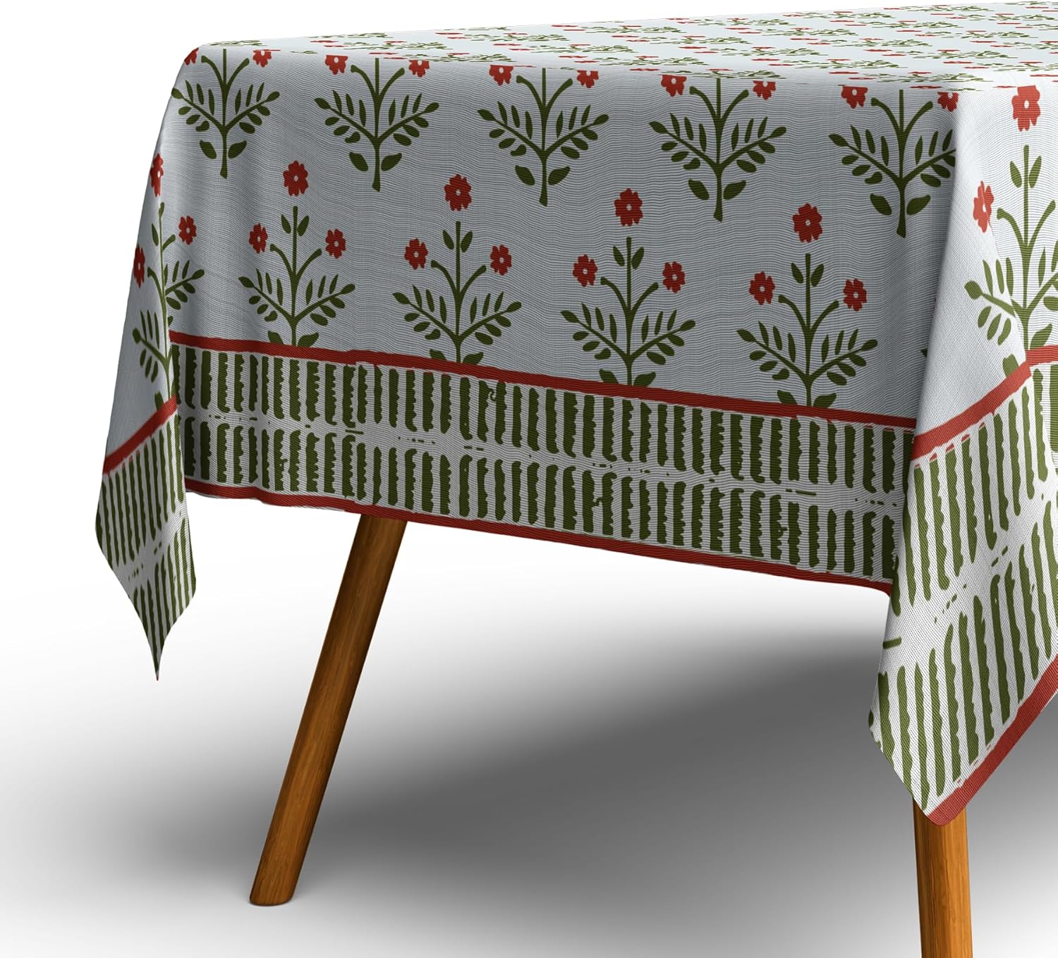 LOTUS MILLS 100% Organic Cotton Tuscany Red Jardin and Olive Drab Table Cloth, Indian Block Print Table Linen for Dining, Parties, Wedding, Outdoors Home Decor | 60x90 INCH Rectangle | 6-8 Seater