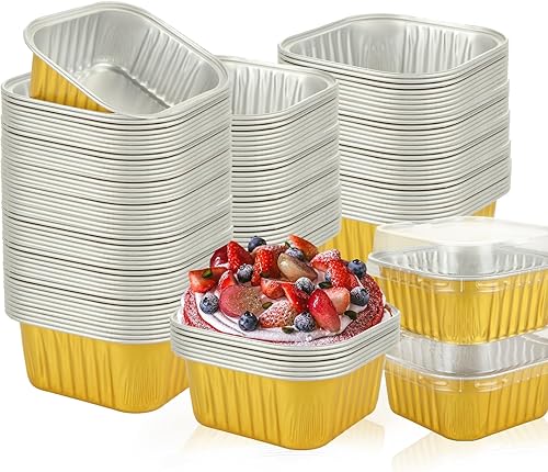 Oungy 100 moldes individuales para pasteles con tapas, cuadrados de papel de aluminio de 5 onzas, moldes cuadrados para cupcakes, moldes cuadrados