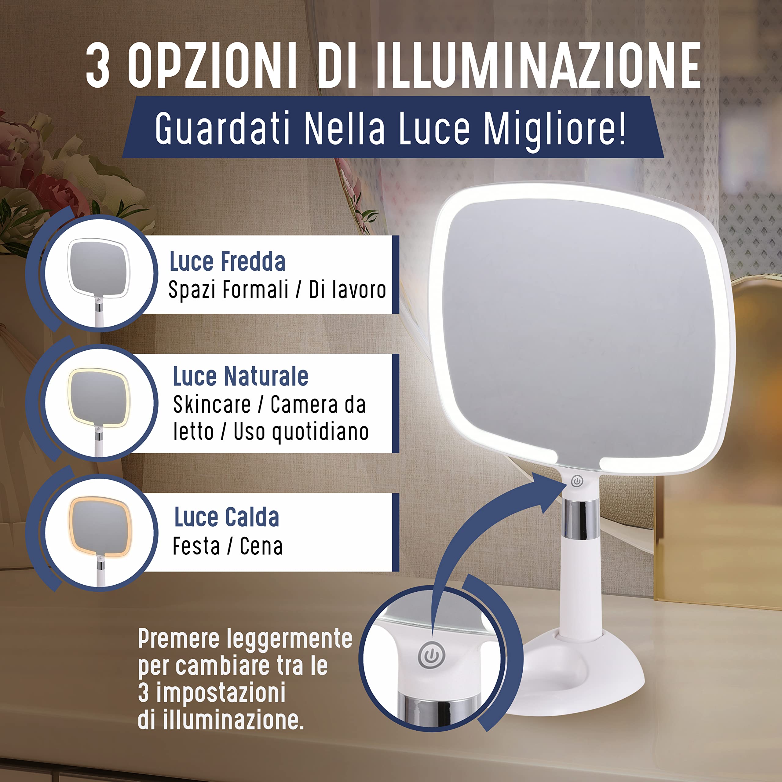 Mirrorvana Specchio a mano illuminato portatile con manico ergonomico - con base removibile e 3 modalità di luce - ideale per trucco e make up - 23 x 20 cm (bianco)